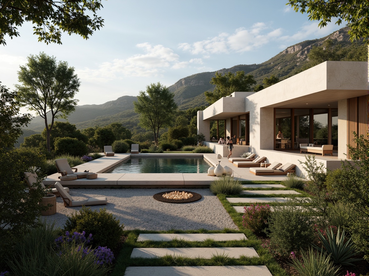 Prompt: Lush greenery, curved lines, minimalist villa, modernist architecture, sleek stone walls, large windows, sliding glass doors, infinity pool, sunken seating area, outdoor fireplace, ambient lighting, warm beige tones, natural textures, Mediterranean plants, olive trees, succulents, gravel pathways, wooden decks, cantilevered roofs, panoramic views, shallow depth of field, 3/4 composition, realistic rendering.