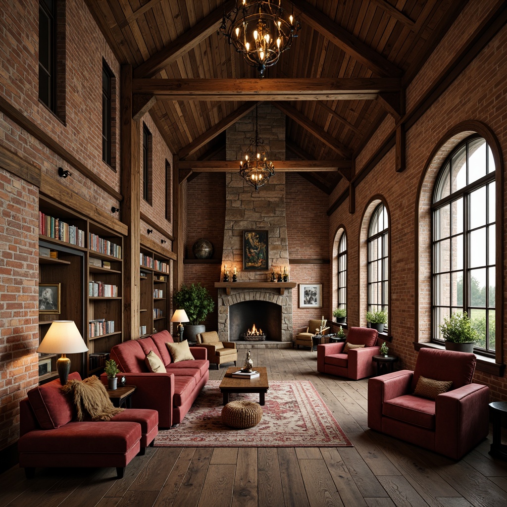 Prompt: Rustic barn interior, distressed wood accents, vintage metal fixtures, exposed brick walls, wooden beam ceilings, grand chandeliers, ornate stone fireplaces, plush velvet furnishings, rich leather upholstery, earthy color palette, natural textiles, reclaimed wood floors, arched windows, stained glass details, dramatic high ceilings, cozy reading nooks, warm candlelight, soft shadows, 1/1 composition, atmospheric lighting, realistic wood grain textures.