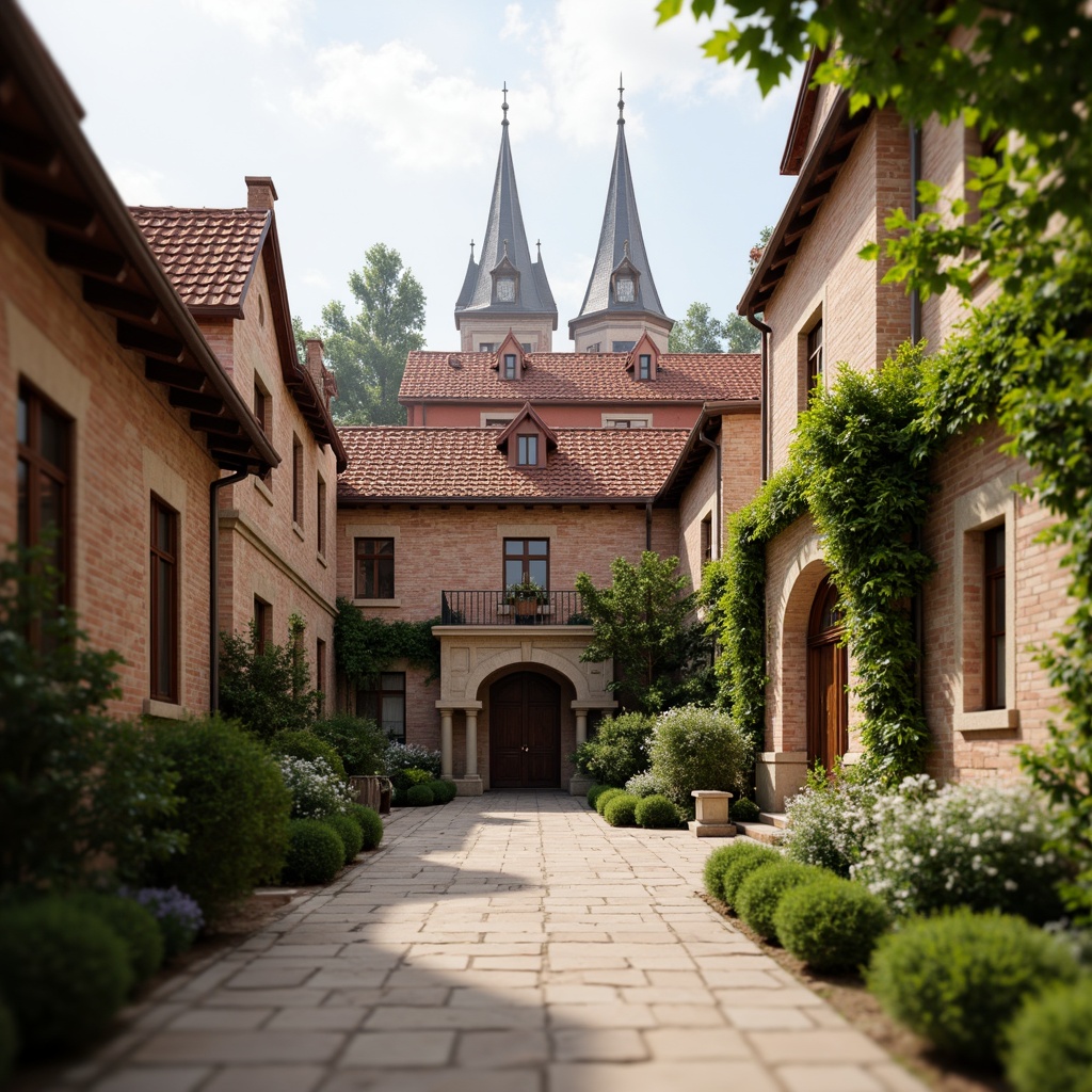 Prompt: Rustic red-tiled roofs, ornate stone carvings, grand entrance archways, sturdy brick walls, vibrant greenery, lush ivy climbers, wooden shutters, decorative ironwork, classic clock towers, symmetrical fa\u00e7ades, warm earthy tones, soft natural lighting, shallow depth of field, 1/1 composition, realistic textures, ambient occlusion.