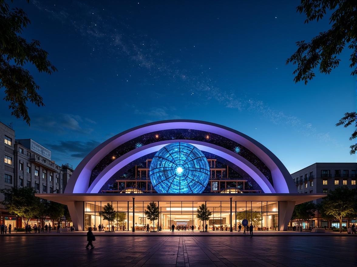 Prompt: Glowing planetarium dome, futuristic facade design, sleek metallic surfaces, neon-lit celestial patterns, starry night sky, modernist architecture, curved lines, geometric shapes, minimalist aesthetic, LED light installations, ambient lighting effects, shallow depth of field, 1/1 composition, panoramic view, realistic textures, ambient occlusion, urban cityscape, bustling streets, vibrant nightlife, cosmopolitan atmosphere.