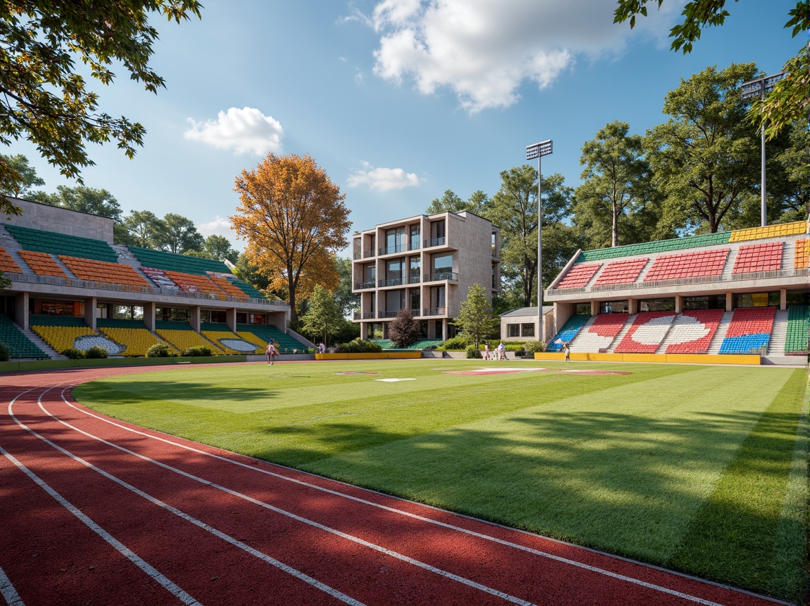 Prompt: Vibrant sports fields, eclectic mix of materials, contrasting textures, artificial turf, natural grass, weathered wood bleachers, metallic goalposts, colorful rubber tracks, bold graphic patterns, dynamic lighting, dramatic shadows, 1/1 composition, low-angle shot, realistic render, ambient occlusion, sunny day, soft warm atmosphere.