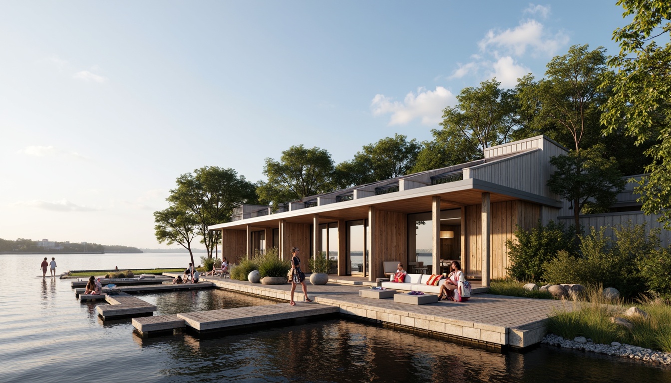 Prompt: Waterfront boathouse, rustic wooden docks, serene lake views, modern glazing systems, floor-to-ceiling windows, sliding glass doors, reflective water-inspired fa\u00e7ades, angular metal frames, minimalist design, sustainable energy solutions, solar panels, green roofs, eco-friendly materials, innovative cooling technologies, shaded outdoor spaces, misting systems, nautical-themed decorations, vibrant colorful textiles, intricate geometric motifs, warm soft lighting, shallow depth of field, 3/4 composition, panoramic view, realistic textures, ambient occlusion.