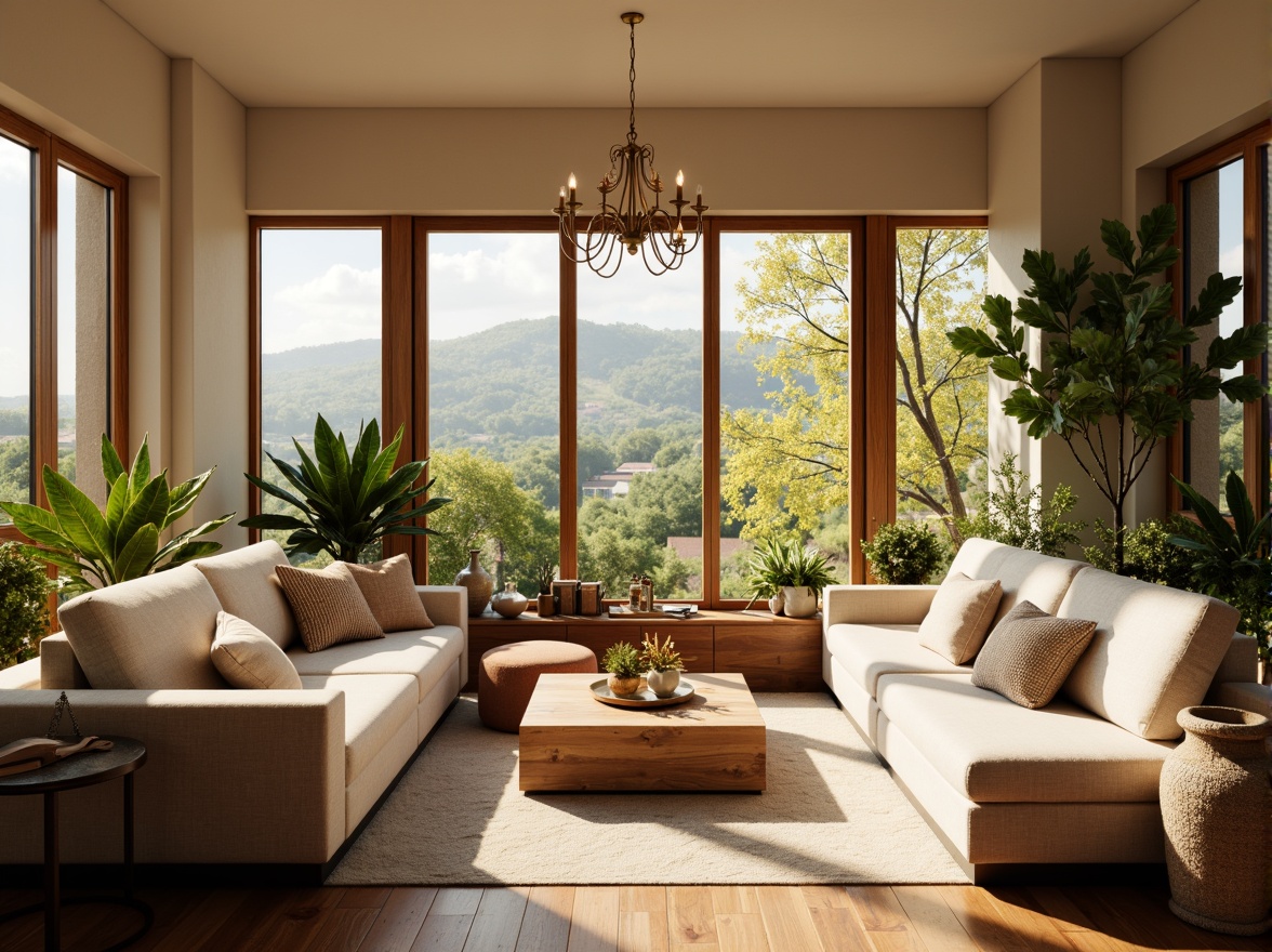 Prompt: Cozy living room, plush sofas, warm beige walls, rich wood flooring, soft golden lighting, comfortable throw pillows, modern minimalist decor, large windows, natural daylight, lush greenery views, elegant chandeliers, sophisticated color palette, calming atmosphere, shallow depth of field, 1/1 composition, realistic textures, ambient occlusion.