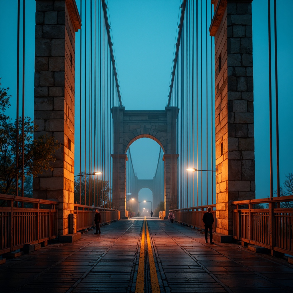 Prompt: Vibrant orange suspension cables, deep blue steel beams, warm golden lighting, misty atmospheric effects, rugged stone piers, dynamic curved lines, bold geometric shapes, distressed metal textures, eerie nighttime ambiance, high-contrast color palette, dramatic shadows, cinematic composition, 1/2 framing, low-key lighting, mysterious foggy atmosphere.