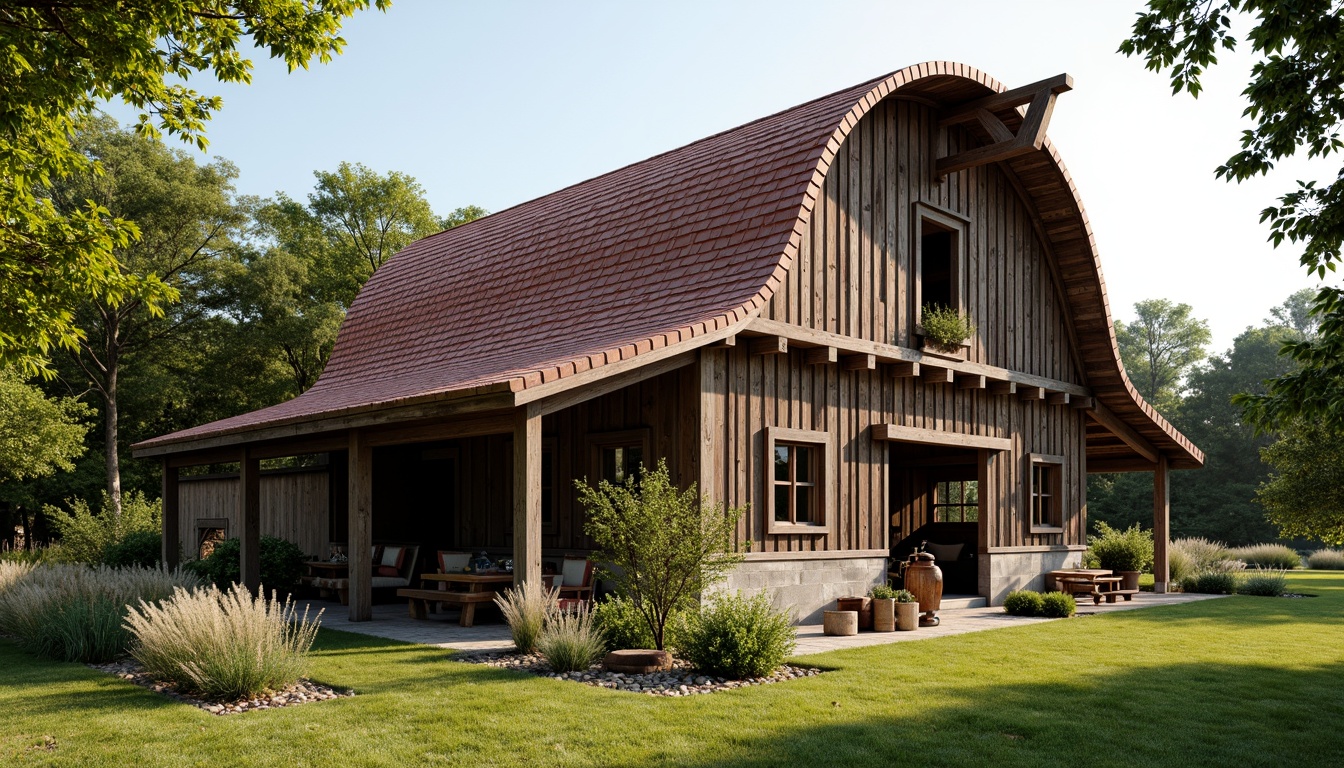 Prompt: Rustic barn, renaissance revival style, curved rooflines, terra cotta tiles, weathered wooden beams, ornate metal decorations, vintage farm tools, lush greenery, blooming wildflowers, sunny afternoon, soft warm lighting, shallow depth of field, 3/4 composition, panoramic view, realistic textures, ambient occlusion, distressed wood accents, earthy color palette, natural stone foundations, asymmetrical facade, decorative trusses, ornate roof finials.