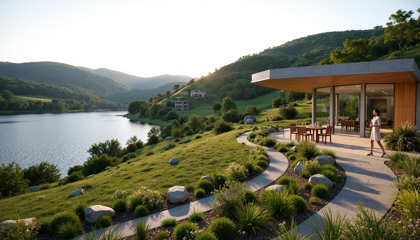 Prompt: Sweeping hills, lush greenery, serene lakeside, modern architecture, curved lines, cantilevered roofs, large windows, sliding glass doors, natural stone walls, wooden accents, vibrant flowers, walking trails, outdoor seating areas, soft warm lighting, shallow depth of field, 3/4 composition, panoramic view, realistic textures, ambient occlusion.