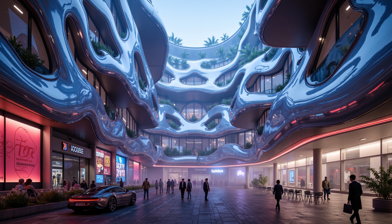 Prompt: Organic blob-shaped buildings, futuristic facade design, iridescent colors, glossy finishes, undulating curves, parametric architecture, algorithmic patterns, LED lighting installations, neon accents, translucent materials, 3D-printed components, cantilevered structures, asymmetrical compositions, abstract shapes, sci-fi ambiance, misty atmosphere, soft focus, shallow depth of field, 1/1 composition, cinematic view.