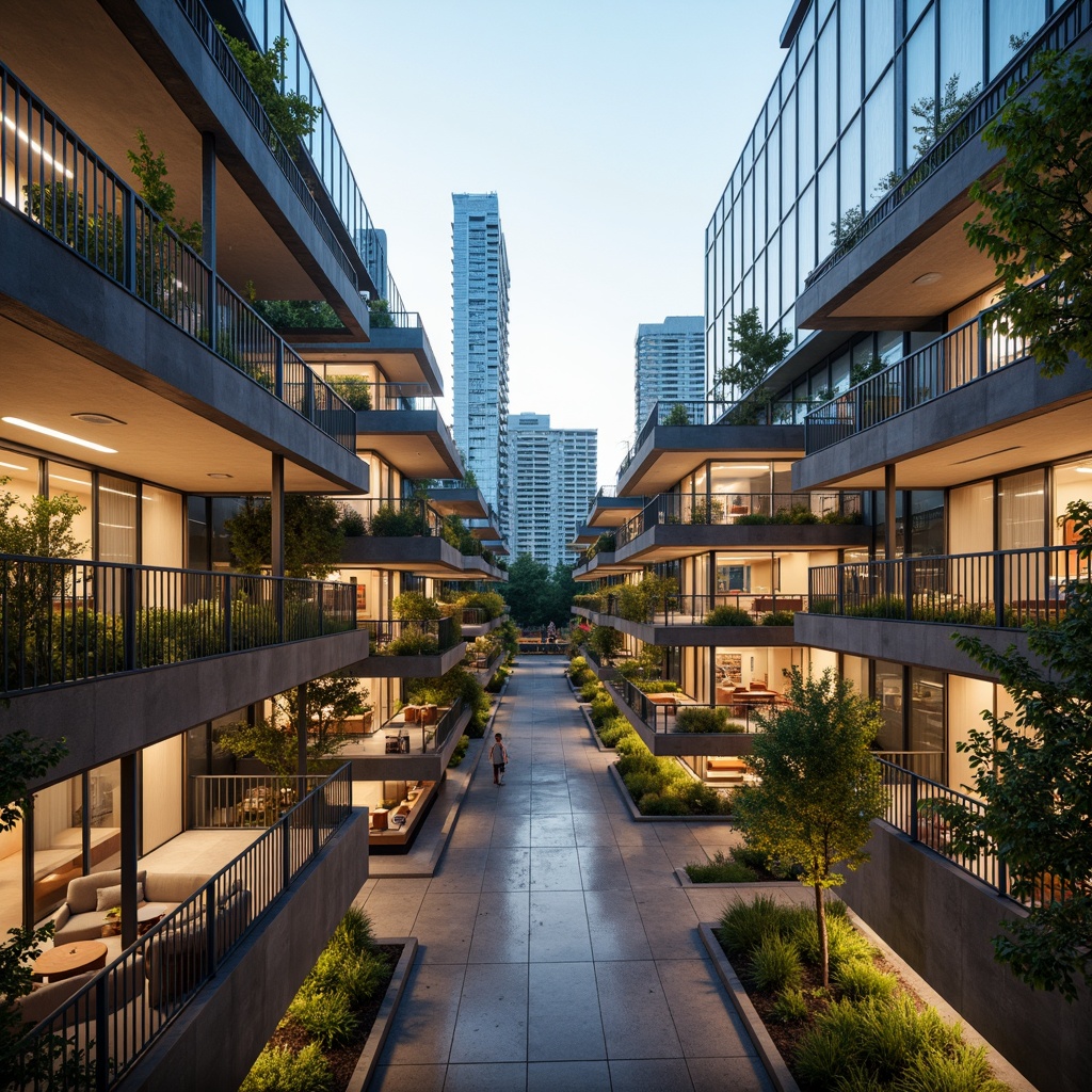 Prompt: Eco-friendly dormitory, polycarbonate walls, translucent roofing, natural ventilation, energy-efficient lighting, minimalist decor, recycled furniture, greenery-filled balconies, urban cityscape views, modern architecture, sleek lines, industrial chic aesthetic, soft warm glow, shallow depth of field, 1/1 composition, realistic textures, ambient occlusion.