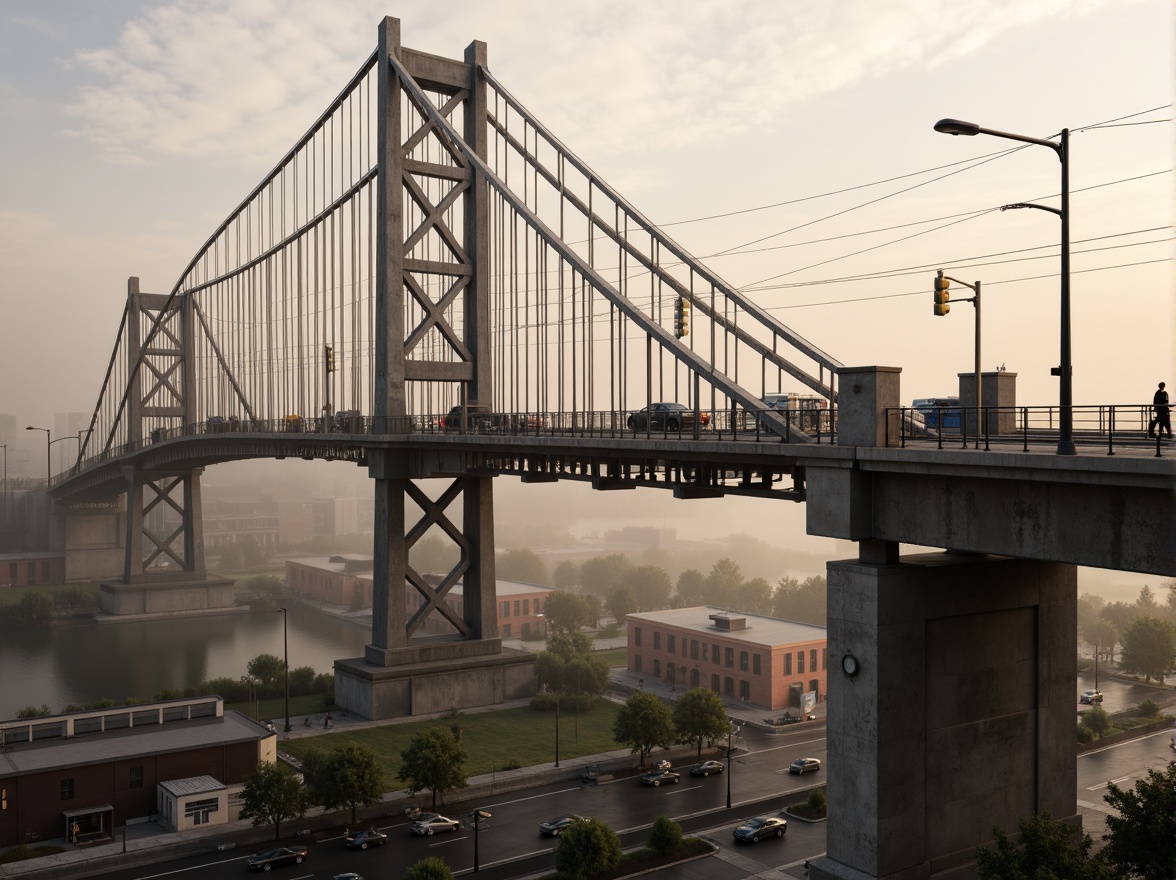 Prompt: Rustic vehicular bridge, steel arches, suspension cables, concrete piers, asphalt roadways, metallic railings, urban cityscape, misty morning fog, soft warm lighting, shallow depth of field, 1/1 composition, realistic textures, ambient occlusion, structural beams, load-bearing columns, reinforced concrete foundations, drainage systems, waterproof coatings, anti-corrosion treatments, safety barriers, pedestrian walkways, scenic overlooks.