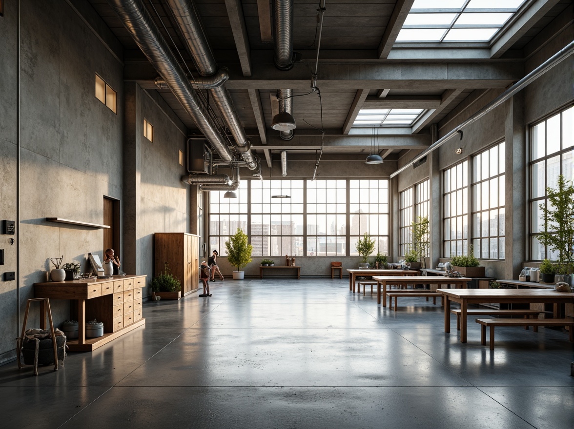 Prompt: Industrial factory setting, minimalist aesthetic, exposed ductwork, polished concrete floors, steel beams, large windows, clerestory windows, skylights, natural light pouring in, soft warm glow, subtle shadows, industrial chic decor, reclaimed wood accents, metal machinery, functional simplicity, open floor plan, collaborative workspaces, modern LED lighting, subtle color palette, neutral tones, airy atmosphere, shallow depth of field, 1/1 composition, realistic textures, ambient occlusion.