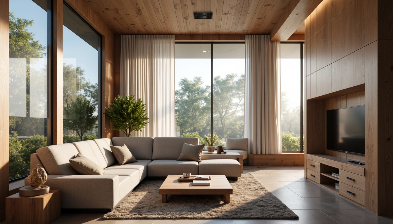 Prompt: Modern living room, sleek minimalist furniture, neutral color palette, natural textiles, wooden accents, floor-to-ceiling windows, abundant natural light, cozy reading nook, plush area rug, geometric patterned wallpaper, ambient warm lighting, 1/1 composition, shallow depth of field, realistic textures, soft focus blur.