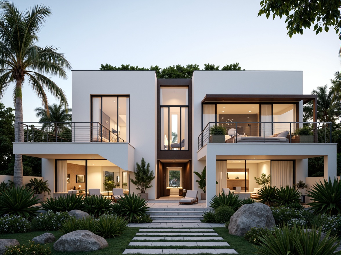 Prompt: Luxurious villa, modernist facade, clean lines, minimal ornamentation, large windows, sliding glass doors, white stucco walls, flat roofs, cantilevered balconies, steel railings, lush greenery, tropical plants, private courtyard, natural stone pathways, warm ambient lighting, soft shadows, 1/1 composition, realistic textures, subtle color palette, Mediterranean-inspired architecture, elegant simplicity, sophisticated minimalism.