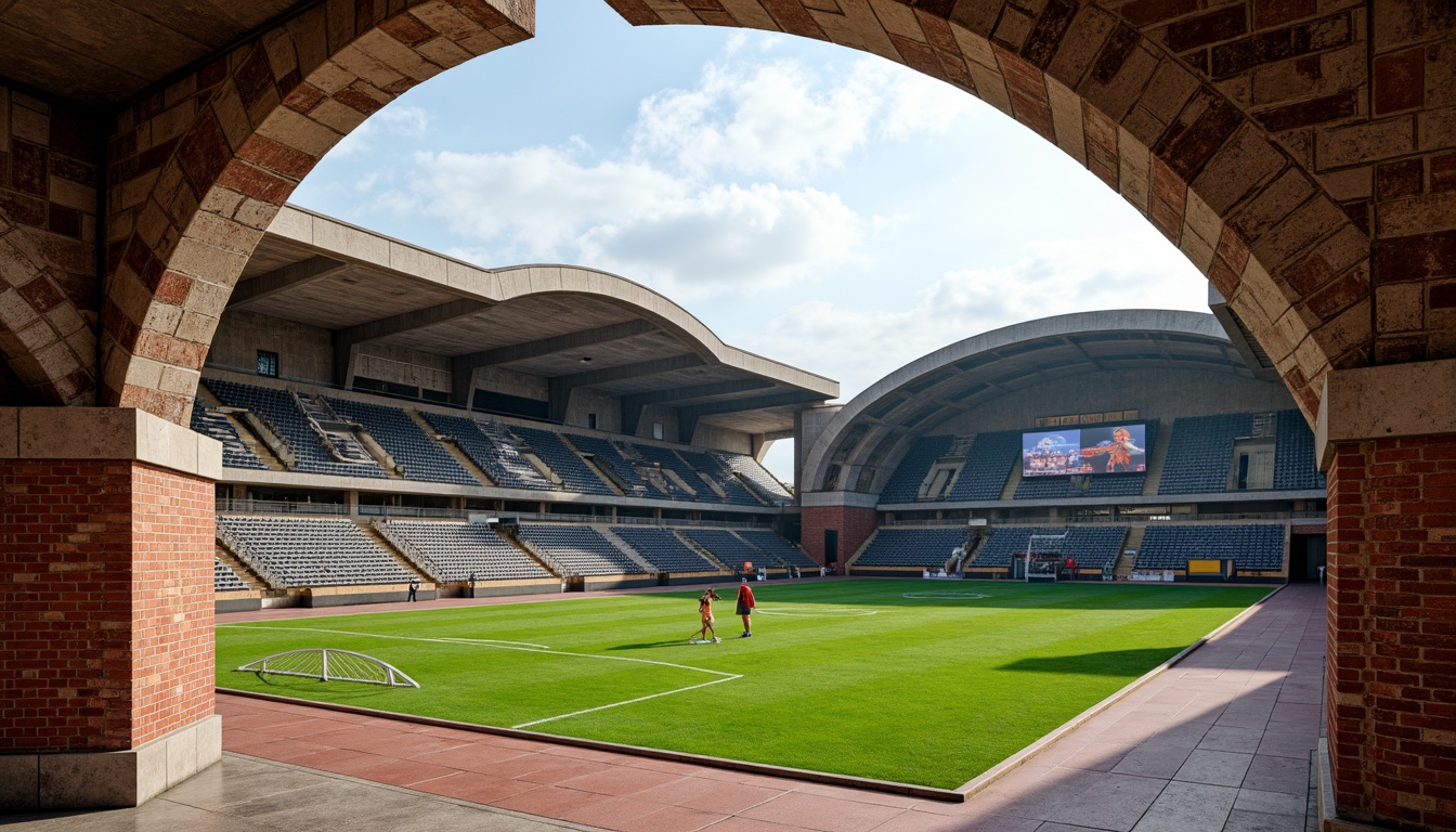 Prompt: Grand stadium architecture, rustic masonry walls, arches, columns, ornate stone carvings, textured brick facades, earthy tones, natural materials, imposing grandstands, tiered seating, lush green fields, athletic tracks, scoreboard displays, floodlighting, dramatic shadows, 1/2 composition, low-angle shot, realistic textures, ambient occlusion.