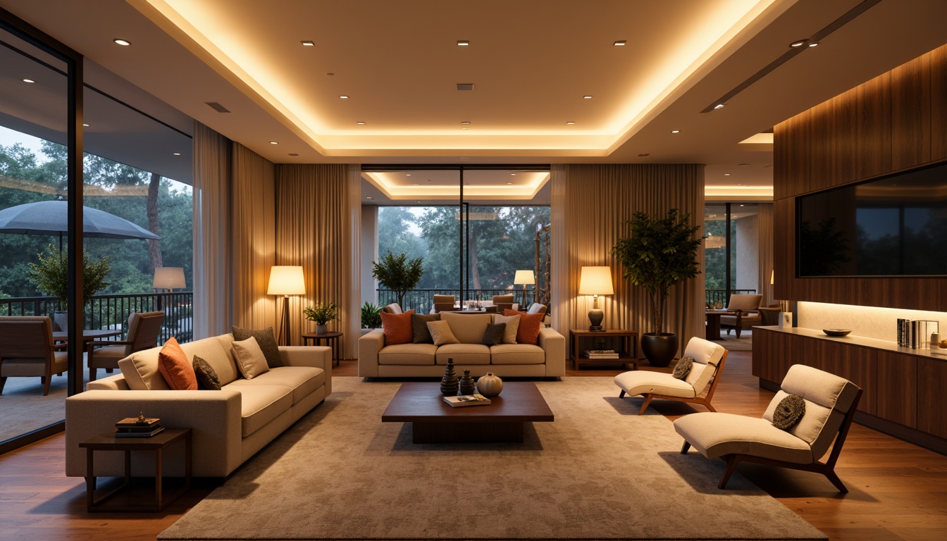 Prompt: Elegant living room, warm ambient lighting, soft glowing lamps, comfortable seating area, rich wood furniture, luxurious fabrics, subtle color palette, sophisticated decor, floor-to-ceiling windows, natural daylight, layered lighting scheme, recessed ceiling lights, table lamps, floor lamps, LED strip lights, cozy reading nook, relaxing atmosphere, warm beige tones, creamy whites, soft pastels, 1/1 composition, shallow depth of field, realistic textures, ambient occlusion.