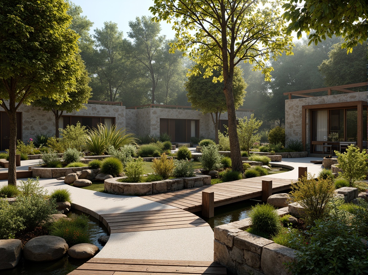 Prompt: Seamless landscape integration, organic curves, natural stone walls, lush green roofs, native plant species, meandering pathways, serene water features, wooden bridges, rustic benches, earthy color palette, warm sunlight, soft shadows, 1/1 composition, atmospheric perspective, realistic foliage, ambient occlusion.