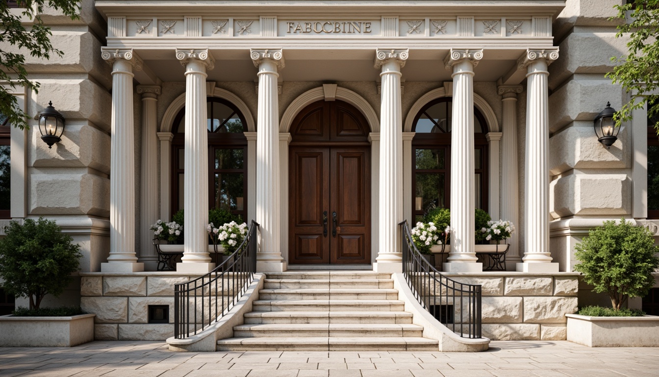 Prompt: Grandiose classical facade, ornate columns, intricately carved details, symmetrical composition, majestic entrance, sweeping arches, rusticated stone walls, ornamental balustrades, decorative pediments, grand staircases, elegant proportions, subtle color palette, soft natural lighting, shallow depth of field, 2/3 composition, realistic textures, ambient occlusion.