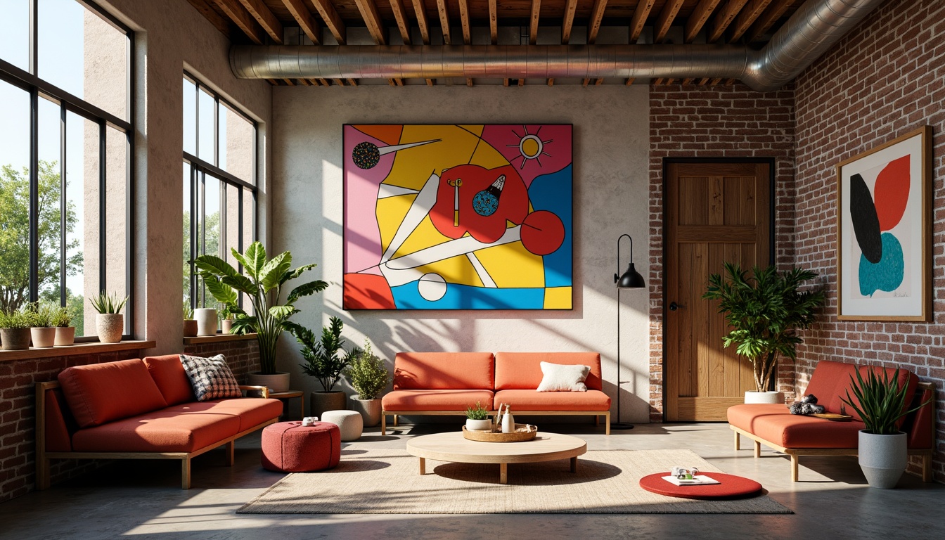 Prompt: Vibrant artistic studio, eclectic furniture, abstract artwork, bold color blocking, contrasting textures, modern industrial architecture, exposed brick walls, polished concrete floors, reclaimed wood accents, natural light pouring in, soft warm glow, 1/1 composition, shallow depth of field, realistic renderings, ambient occlusion.