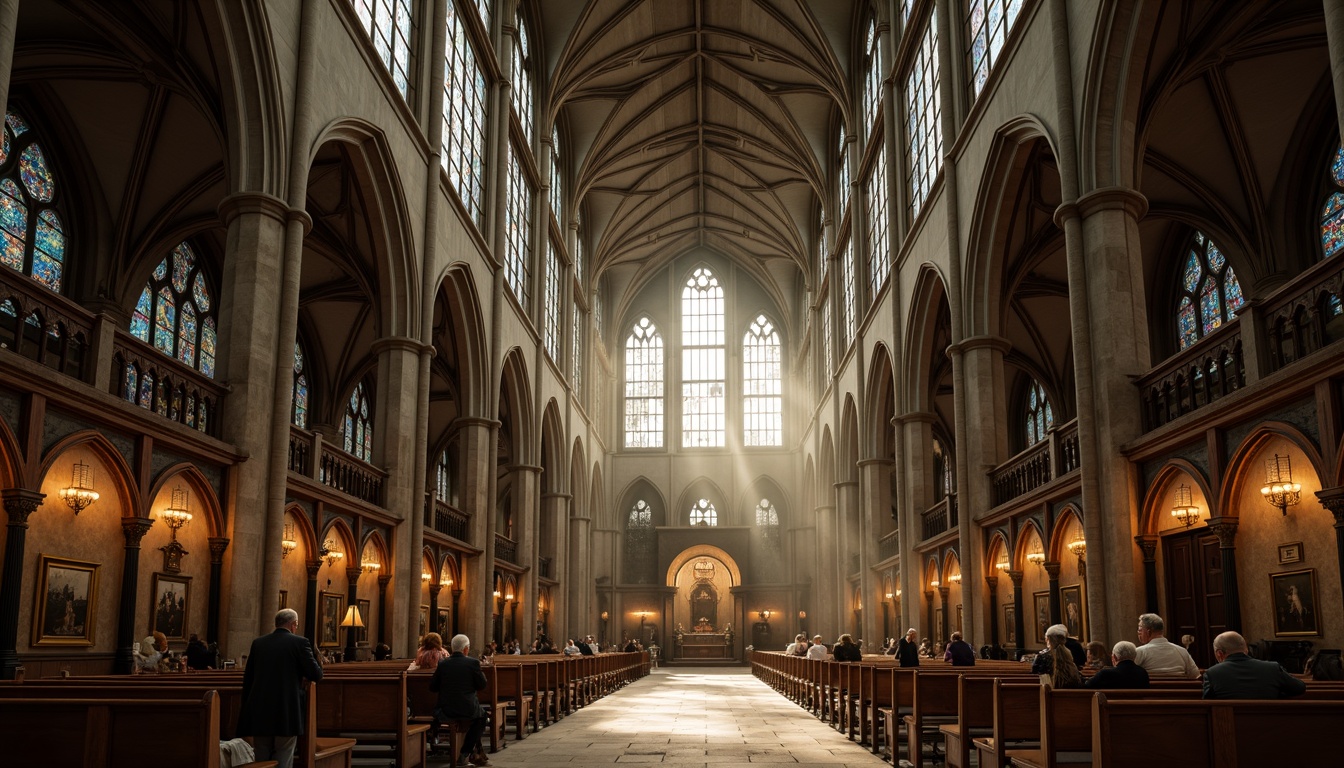 Prompt: Soaring cathedral, pointed arches, ribbed vaults, flying buttresses, stained glass windows, intricate stone carvings, grandiose entranceways, towering spires, vertical emphasis, dramatic lighting, mystical ambiance, ornate furnishings, lavish decorations, sacred relics, mysterious shadows, atmospheric fog, warm golden light, 1/2 composition, low-angle shot, cinematic mood.