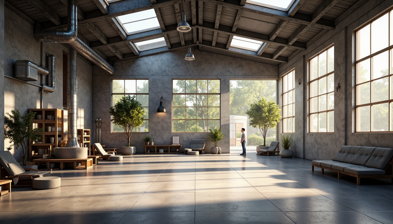 Prompt: Industrial factory setting, minimalist aesthetic, exposed ductwork, polished concrete floors, steel beams, large windows, clerestory windows, skylights, transparent roofs, natural light pouring in, soft warm glow, subtle shadows, industrial chic decor, reclaimed wood accents, metal machinery, functional simplicity, open floor plan, airy atmosphere, diffused lighting, 1/1 composition, realistic textures, ambient occlusion.