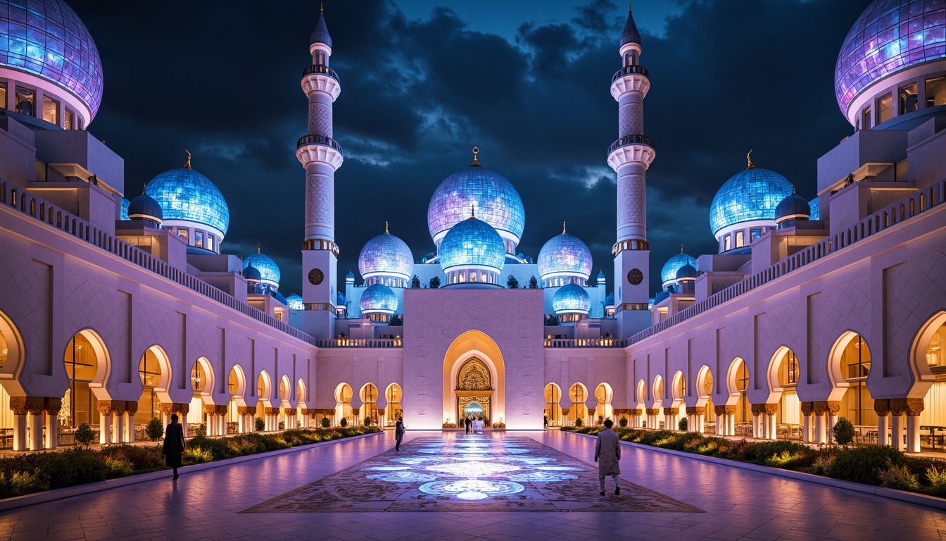 Prompt: Ethereal mosque, iridescent domes, gleaming minarets, holographic stained glass windows, luminescent archways, futuristic Islamic architecture, sleek metallic surfaces, neon-lit calligraphy, intricate geometric patterns, sacred geometry motifs, ambient misting systems, soft warm lighting, shallow depth of field, 3/4 composition, panoramic view, realistic textures, ambient occlusion.