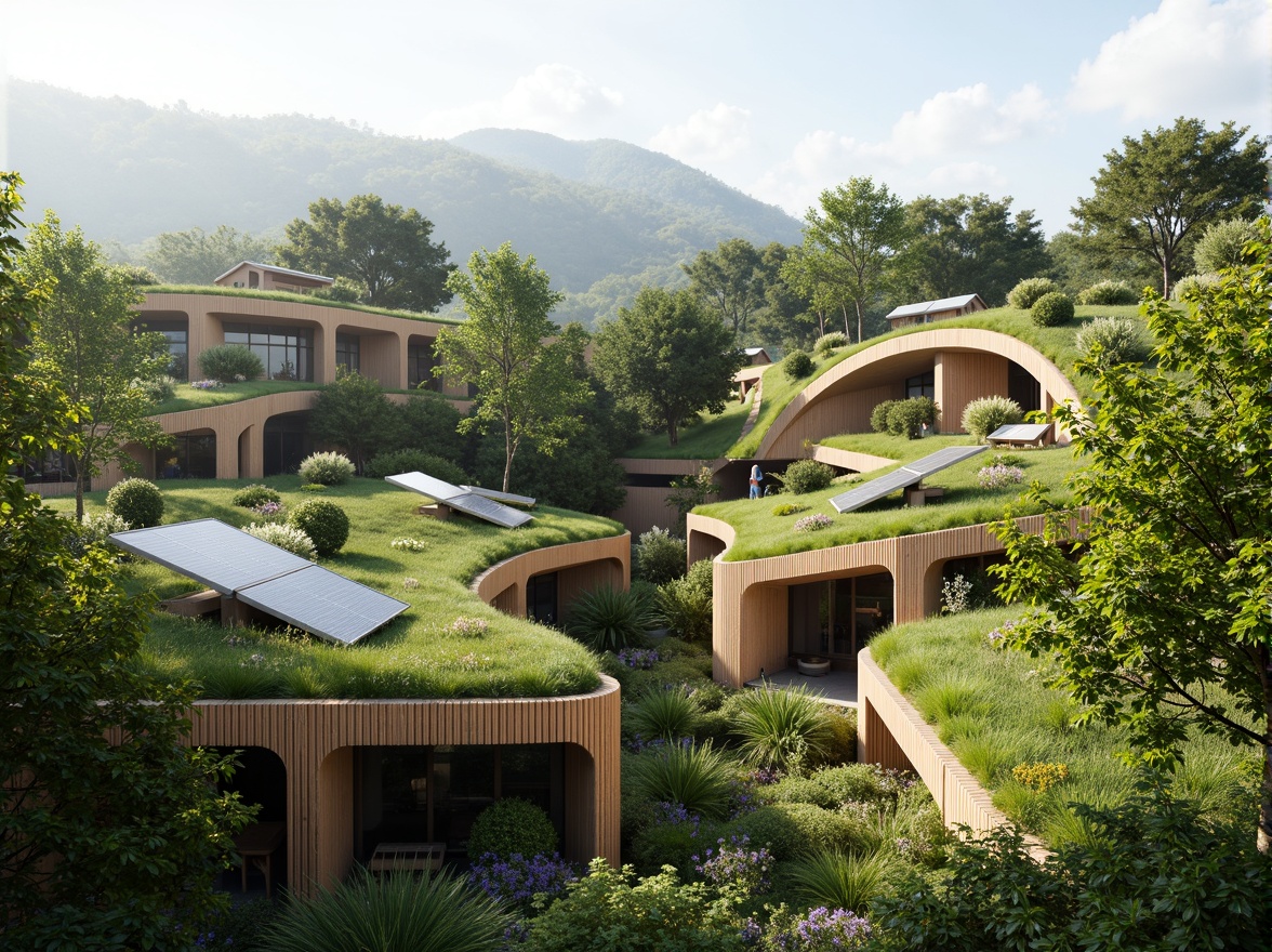 Prompt: Eco-friendly buildings, lush green roofs, solar panels, wind turbines, rainwater harvesting systems, natural ventilation, recycled materials, bamboo facades, living walls, organic shapes, curved lines, earthy tones, serene atmosphere, soft natural lighting, shallow depth of field, 3/4 composition, panoramic view, realistic textures, ambient occlusion.