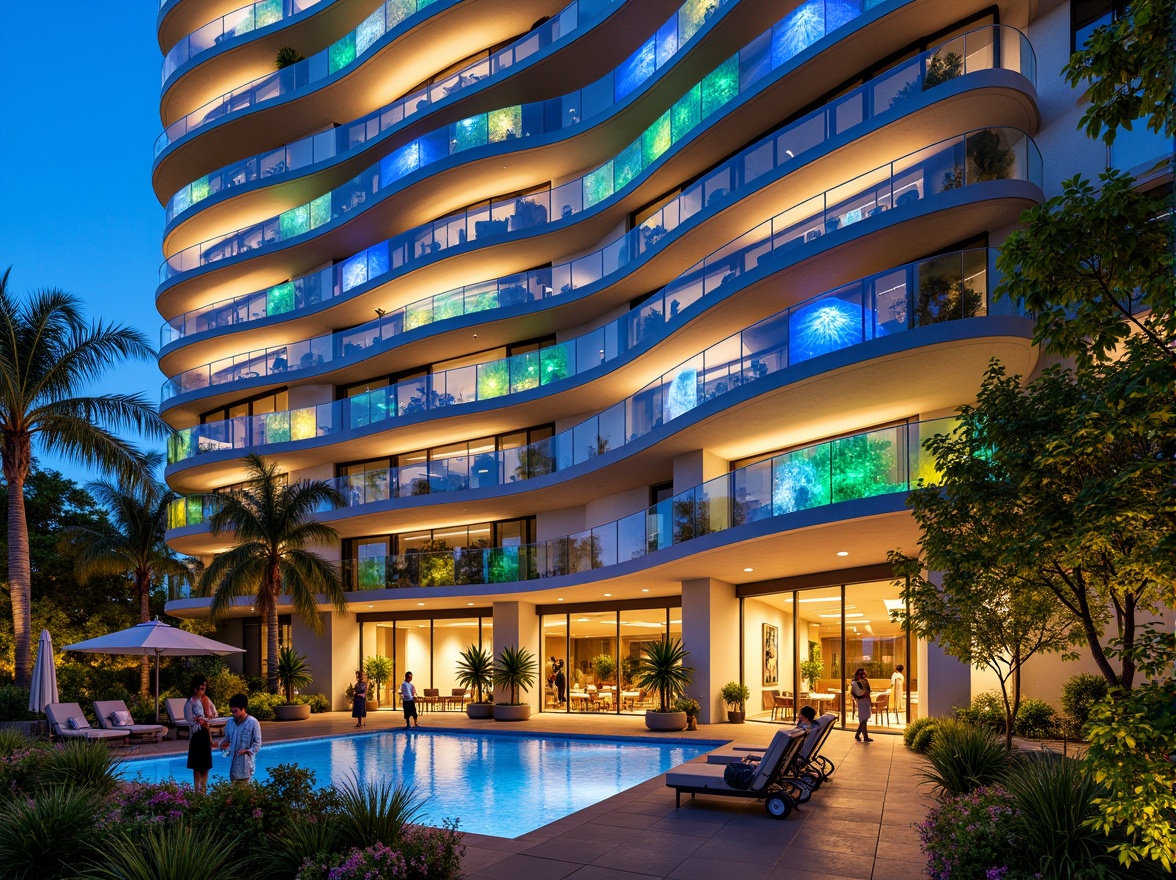 Prompt: Vibrant hotel facade, undulating curves, iridescent glass panels, LED light installations, cantilevered balconies, lush green walls, tropical plants, warm golden lighting, shallow depth of field, 1/1 composition, panoramic view, realistic textures, ambient occlusion, luxurious amenities, rooftop pool, outdoor lounge areas, modern minimalist decor, sleek metal accents, polished marble floors, sophisticated color schemes, futuristic ambiance, experimental materials, innovative structural systems.