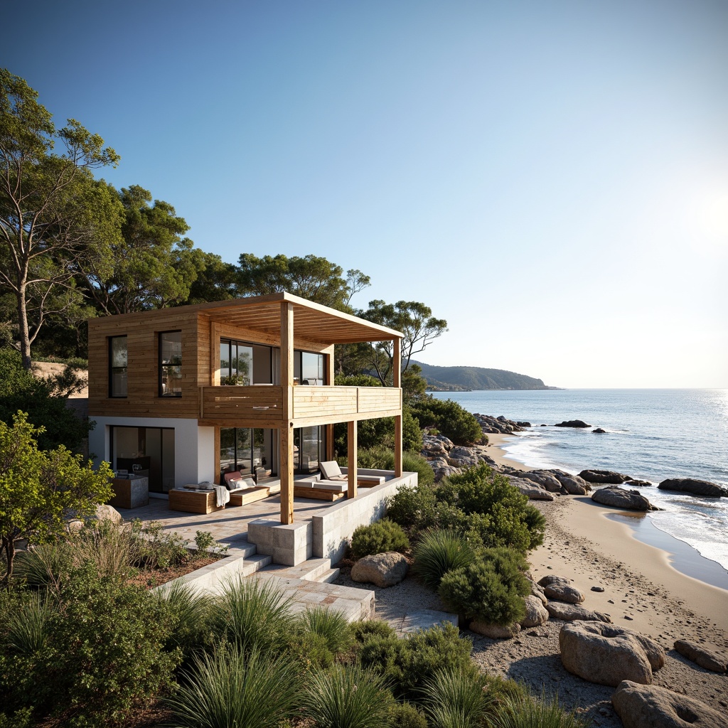 Prompt: Eco-friendly coastal residence, oceanfront views, sandy beaches, driftwood accents, recycled materials, green roofs, solar panels, wind turbines, rainwater harvesting systems, natural ventilation, large windows, sliding glass doors, minimalist interior design, reclaimed wood flooring, low-carbon footprint, energy-efficient appliances, organic gardens, native plant species, sea-inspired color palette, soft ocean breeze, warm sunlight, shallow depth of field, 1/1 composition, realistic textures, ambient occlusion.