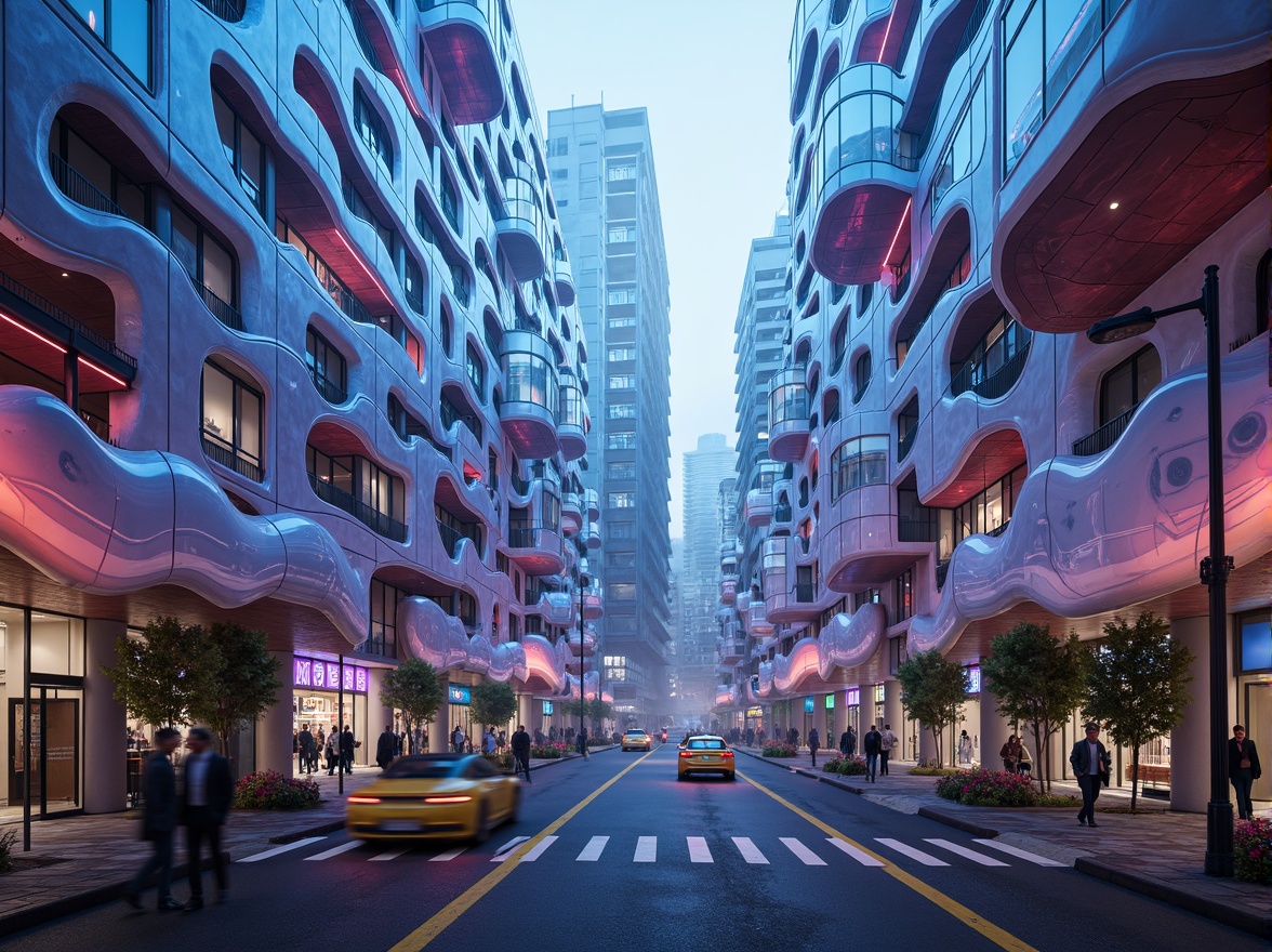 Prompt: Organic blob-shaped buildings, futuristic facade design, iridescent colors, glossy finishes, undulating curves, parametric architecture, algorithmic patterns, LED lighting installations, neon accents, translucent materials, 3D-printed components, cantilevered structures, asymmetrical compositions, abstract shapes, sci-fi ambiance, misty atmosphere, soft focus, shallow depth of field, 1/1 composition, cinematic view.