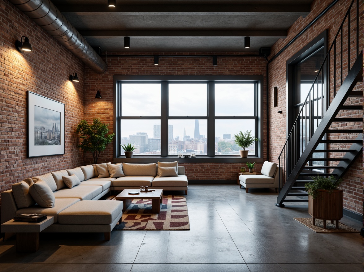 Prompt: Industrial chic loft, exposed brick walls, metal beams, polished concrete floors, minimalist decor, sleek lines, modern high-tech gadgets, futuristic lighting fixtures, floor-to-ceiling windows, cityscape views, urban landscape, cloudy day, soft natural light, shallow depth of field, 3/4 composition, panoramic view, realistic textures, ambient occlusion, reclaimed wood accents, industrial metal stairs, open-plan living area, cozy reading nooks, plush sectional sofas, geometric patterned rugs.