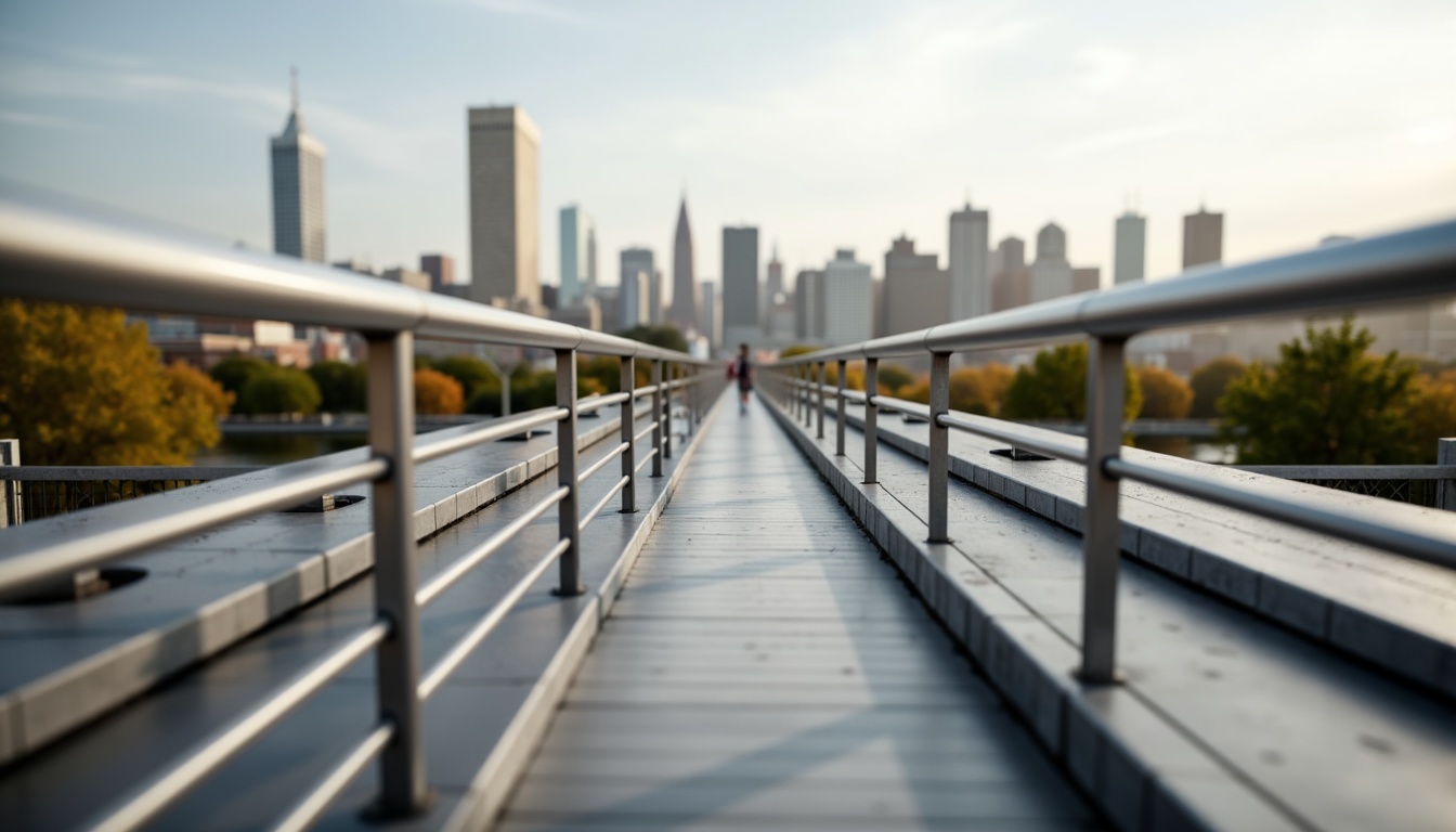 Prompt: Pedestrian bridge, sleek modern design, stainless steel railings, horizontal bars, rounded edges, safety features, anti-slip coatings, urban landscape, city skyline, sunny day, soft warm lighting, shallow depth of field, 3/4 composition, panoramic view, realistic textures, ambient occlusion.