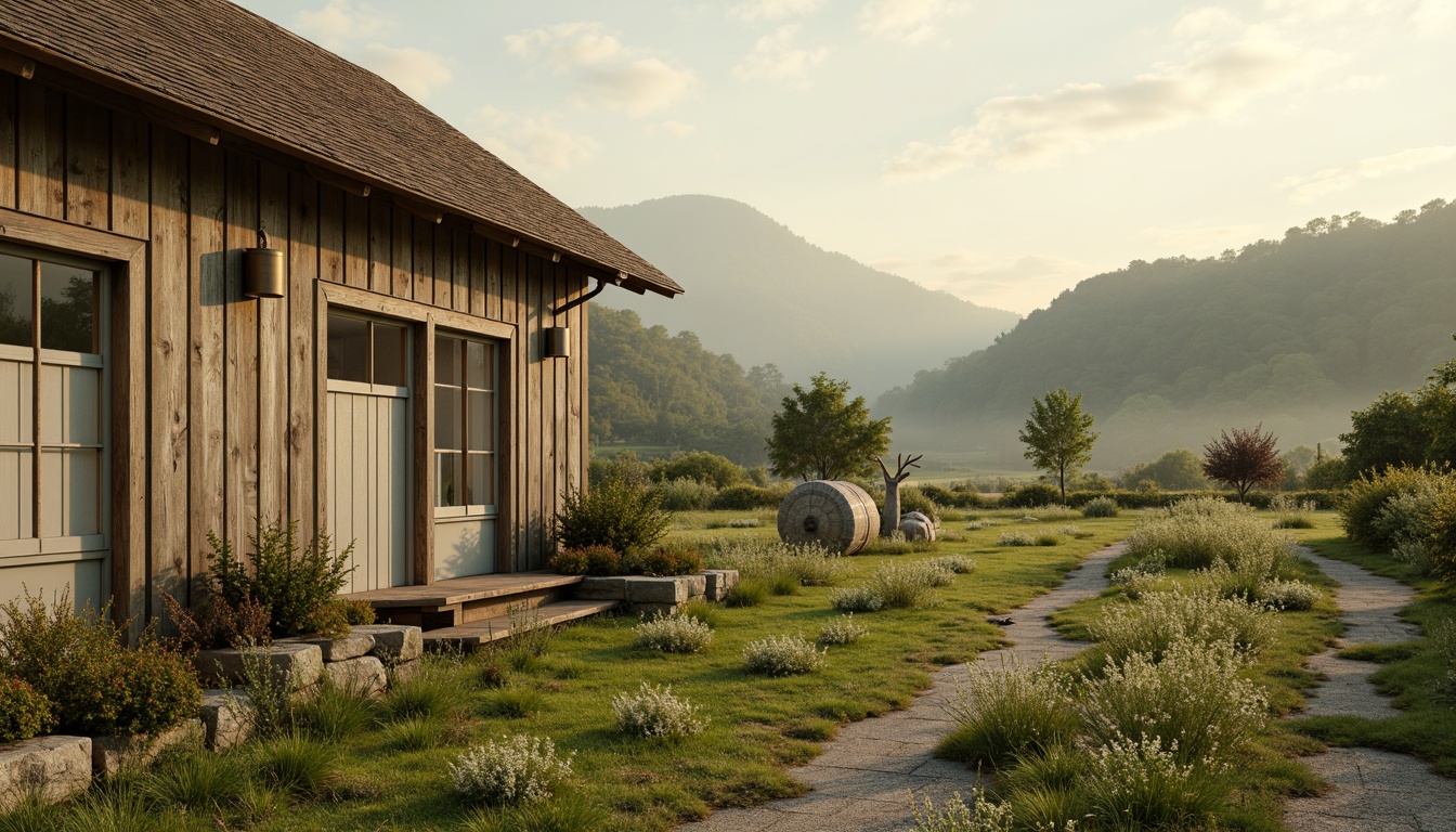 Prompt: Rustic rural landscape, earthy tones, warm beige, soft sage, mossy green, weathered wood textures, vintage metal accents, distressed stone walls, wildflower fields, rolling hills, serene countryside, misty morning light, soft focus, shallow depth of field, 1/2 composition, naturalistic colors, organic shapes, whimsical patterns.