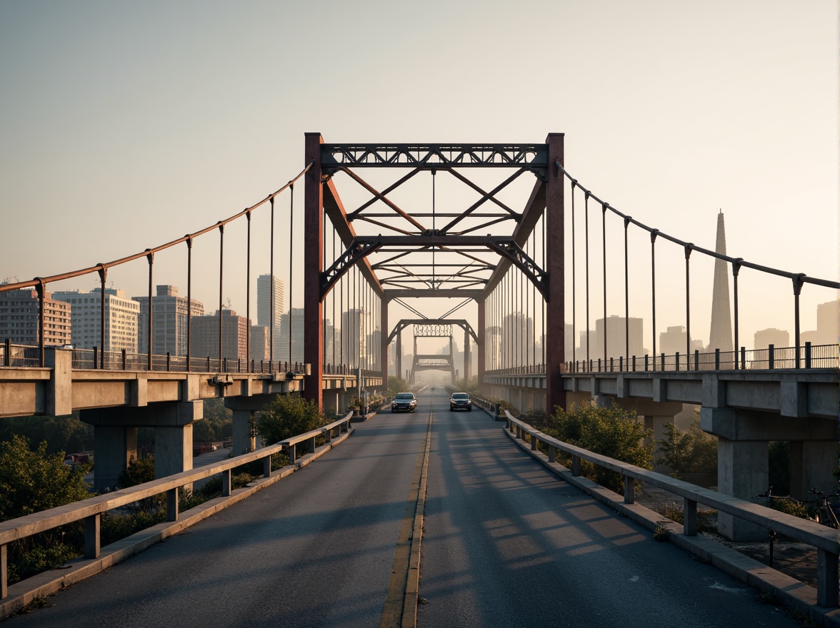 Prompt: Rustic vehicular bridge, steel arches, suspension cables, concrete piers, asphalt roadways, metallic railings, modern infrastructure design, urban cityscape, misty morning atmosphere, soft warm lighting, shallow depth of field, 3/4 composition, panoramic view, realistic textures, ambient occlusion.