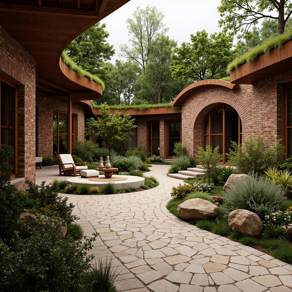 Prompt: Earthy tones, natural materials, curved lines, organic shapes, botanical gardens, lush greenery, vibrant flowers, wooden accents, stone walls, earthy red bricks, moss-covered roofs, soft warm lighting, shallow depth of field, 3/4 composition, panoramic view, realistic textures, ambient occlusion, harmonious color palette, analogous colors, triadic colors, split-complementary colors, natural color gradients, subtle texture variations, intricate patterns, organic forms, free-flowing curves, whimsical details, eclectic furnishings, cozy atmosphere.