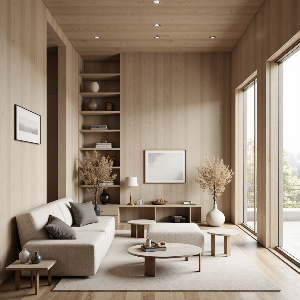 Prompt: Minimalist interior, monochromatic color scheme, clean lines, simple shapes, natural materials, wooden accents, subtle textures, soft warm lighting, shallow depth of field, 1/1 composition, realistic render, ambient occlusion, cozy atmosphere, intimate scale, functional simplicity, Scandinavian-inspired furniture, neutral tone palette, elegant typography, subtle branding elements.