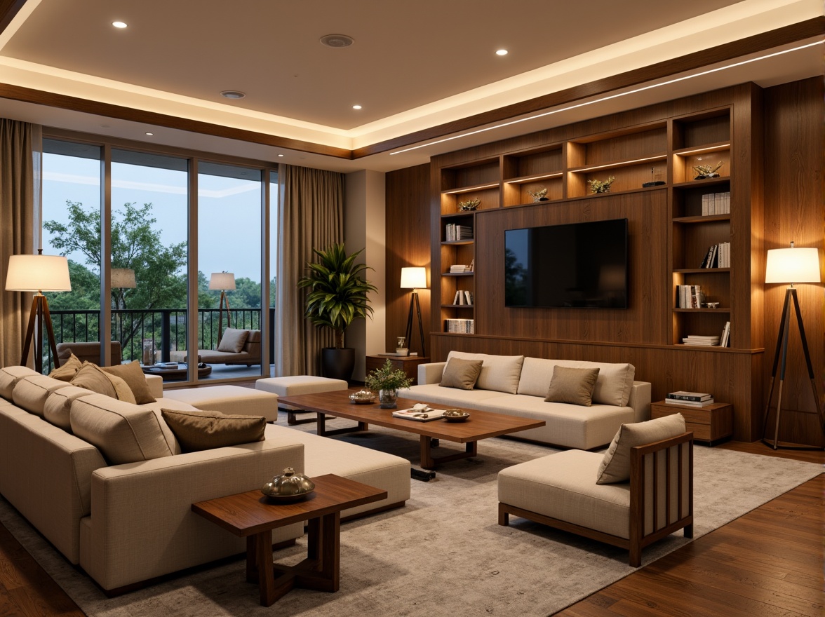 Prompt: Elegant living room, warm ambient lighting, soft glowing lamps, comfortable seating area, rich wood furniture, luxurious fabrics, subtle color palette, sophisticated decor, floor-to-ceiling windows, natural daylight, layered lighting scheme, recessed ceiling lights, table lamps, floor lamps, LED strip lights, cozy reading nook, relaxing atmosphere, warm beige tones, creamy whites, soft pastels, 1/1 composition, shallow depth of field, realistic textures, ambient occlusion.