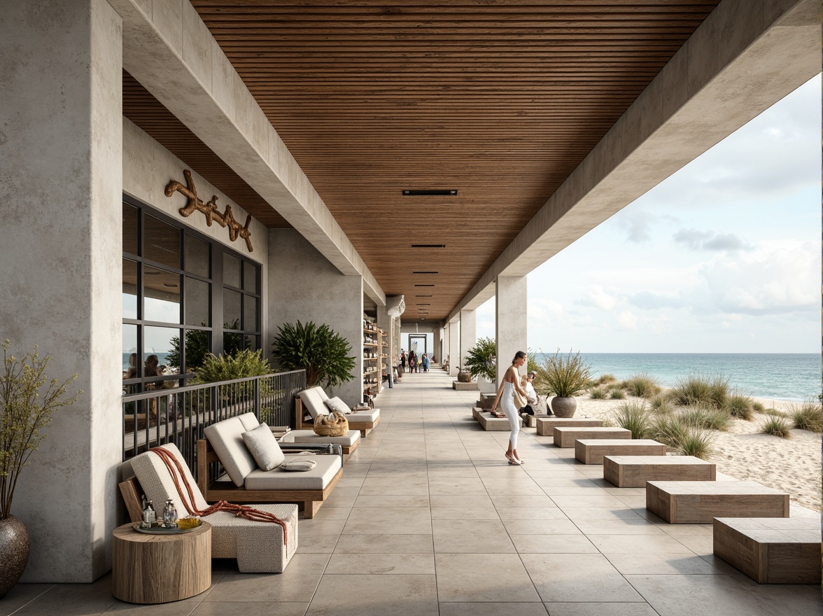 Prompt: Sleek coastal shopping center, minimalist architecture, clean lines, neutral tones, weathered wood accents, driftwood decorations, sea salt air, ocean views, sandy dunes, beachy vibe, natural stone flooring, reclaimed wood benches, nautical ropes, subtle lighting, soft ocean breeze, shallow depth of field, 1/1 composition, panoramic view, realistic textures, ambient occlusion.