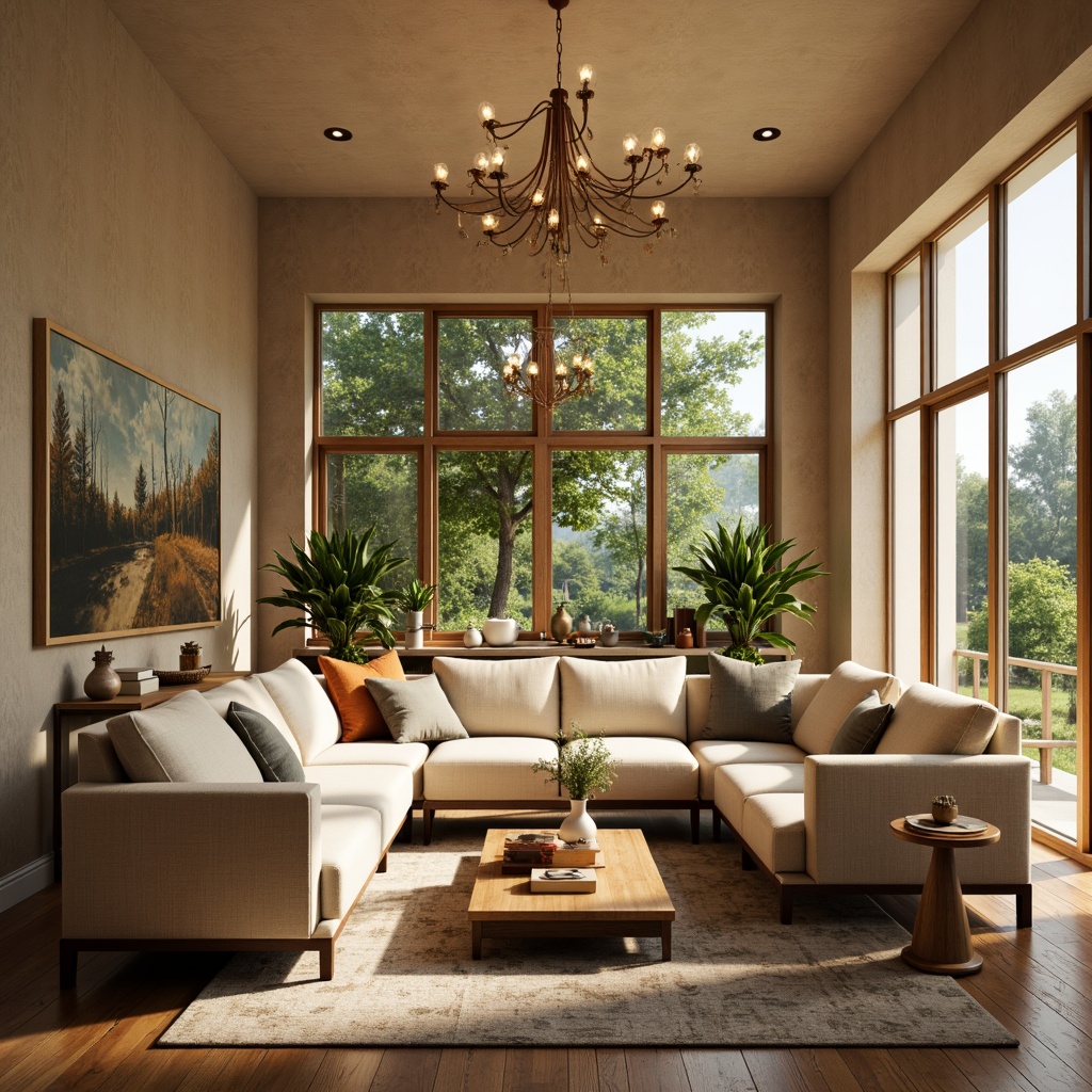 Prompt: Cozy living room, plush sofas, warm beige walls, rich wood flooring, soft golden lighting, comfortable throw pillows, modern minimalist decor, large windows, natural daylight, lush greenery views, elegant chandeliers, sophisticated color palette, calming atmosphere, shallow depth of field, 1/1 composition, realistic textures, ambient occlusion.