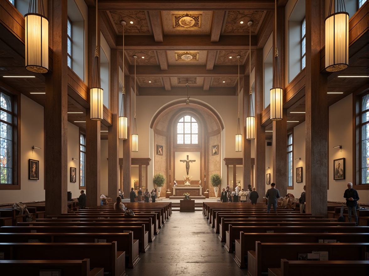 Prompt: Elegant worship hall, high ceilings, grand chandeliers, soft warm lighting, subtle color temperature, ambient illumination, LED strip lights, minimalist fixtures, sacred symbols, intricate stone carvings, stained glass windows, natural light pouring in, dramatic shadows, 1/1 composition, symmetrical framing, realistic textures, atmospheric rendering.