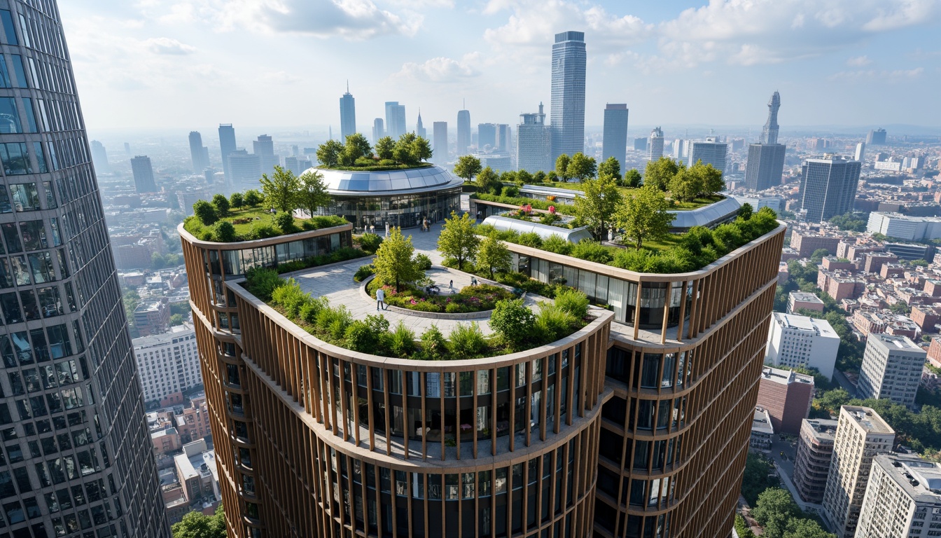 Prompt: Curved green roofs, lush vertical gardens, solar panels, wind turbines, rainwater harvesting systems, recycled metal cladding, low-carbon concrete structures, energy-efficient glazing, double-skin facades, natural ventilation systems, biomimetic patterns, parametric design, futuristic aesthetic, urban skyscraper, bustling cityscape, cloudy blue sky, warm soft lighting, shallow depth of field, 1/1 composition, realistic textures, ambient occlusion.