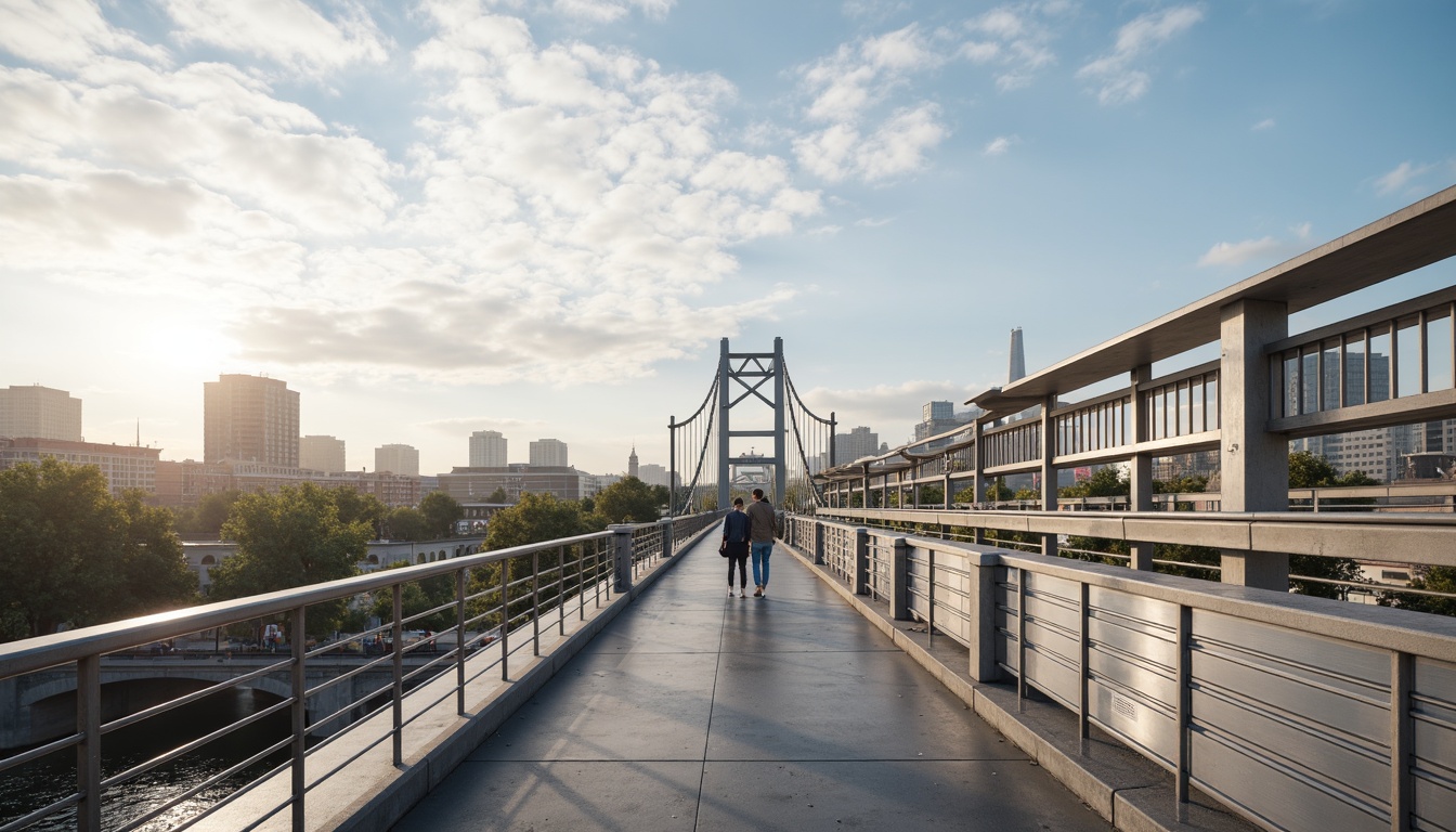 Prompt: Pedestrian bridge, sleek modern design, stainless steel railings, horizontal bars, rounded edges, safety features, anti-slip coatings, urban landscape, city skyline, sunny day, soft warm lighting, shallow depth of field, 3/4 composition, panoramic view, realistic textures, ambient occlusion.