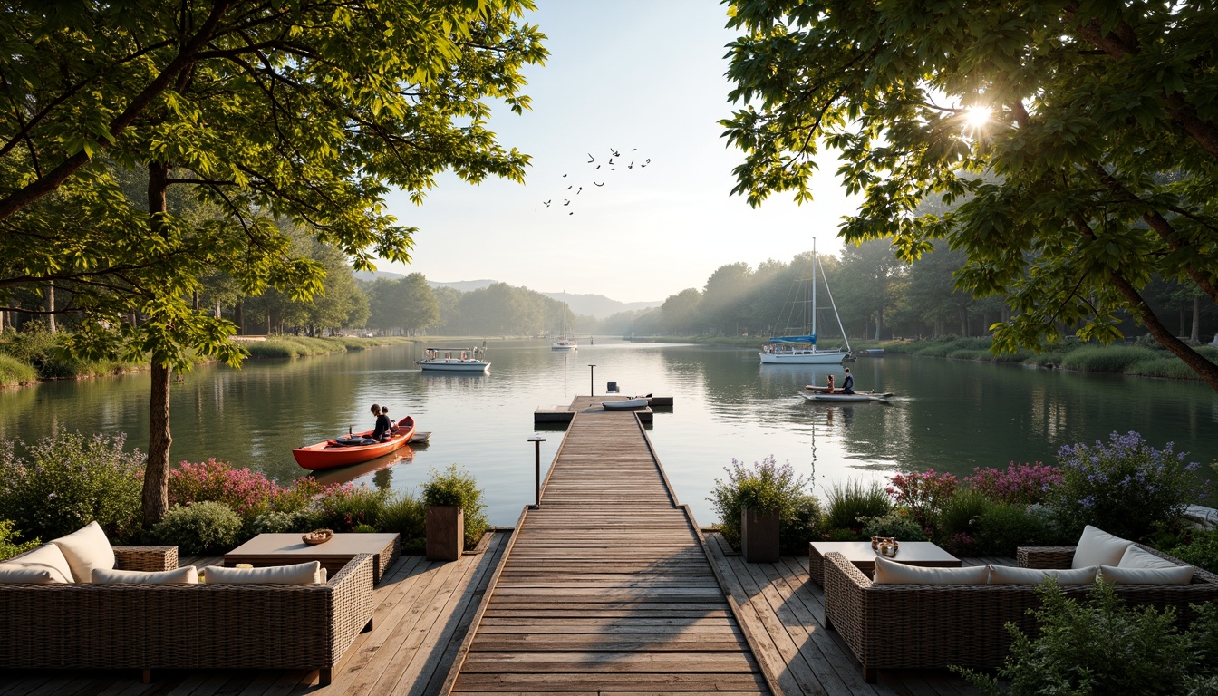 Prompt: Serene waterfront, rustic wooden dock, lush greenery, vibrant flowers, tranquil lake views, sailboats, kayaks, paddleboards, nautical ropes, weathered wood accents, natural stone pathways, lantern-style lighting, warm sunset glow, shallow depth of field, 3/4 composition, panoramic view, realistic textures, ambient occlusion, cozy outdoor seating areas, woven wicker furniture, plush cushions, soft warm lighting, misty morning atmosphere.