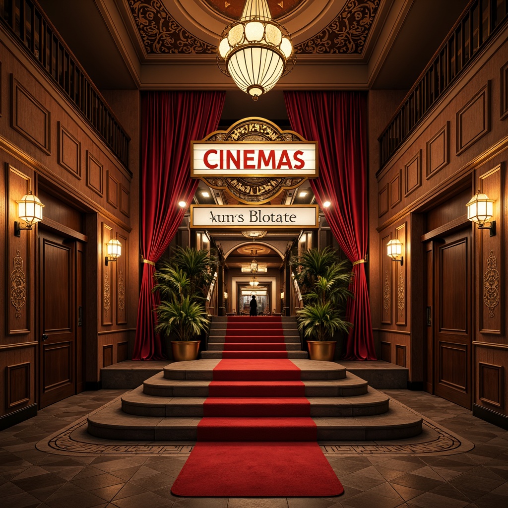 Prompt: Retro cinema facade, ornate decorations, vintage signage, red carpet entrance, golden accents, luxurious velvet curtains, dimly lit lobby, grand staircase, opulent chandeliers, rich wood paneling, intricate moldings, Art Deco patterns, geometric shapes, bold typography, cinematic lighting, warm color palette, shallow depth of field, 1/1 composition, realistic textures, ambient occlusion.