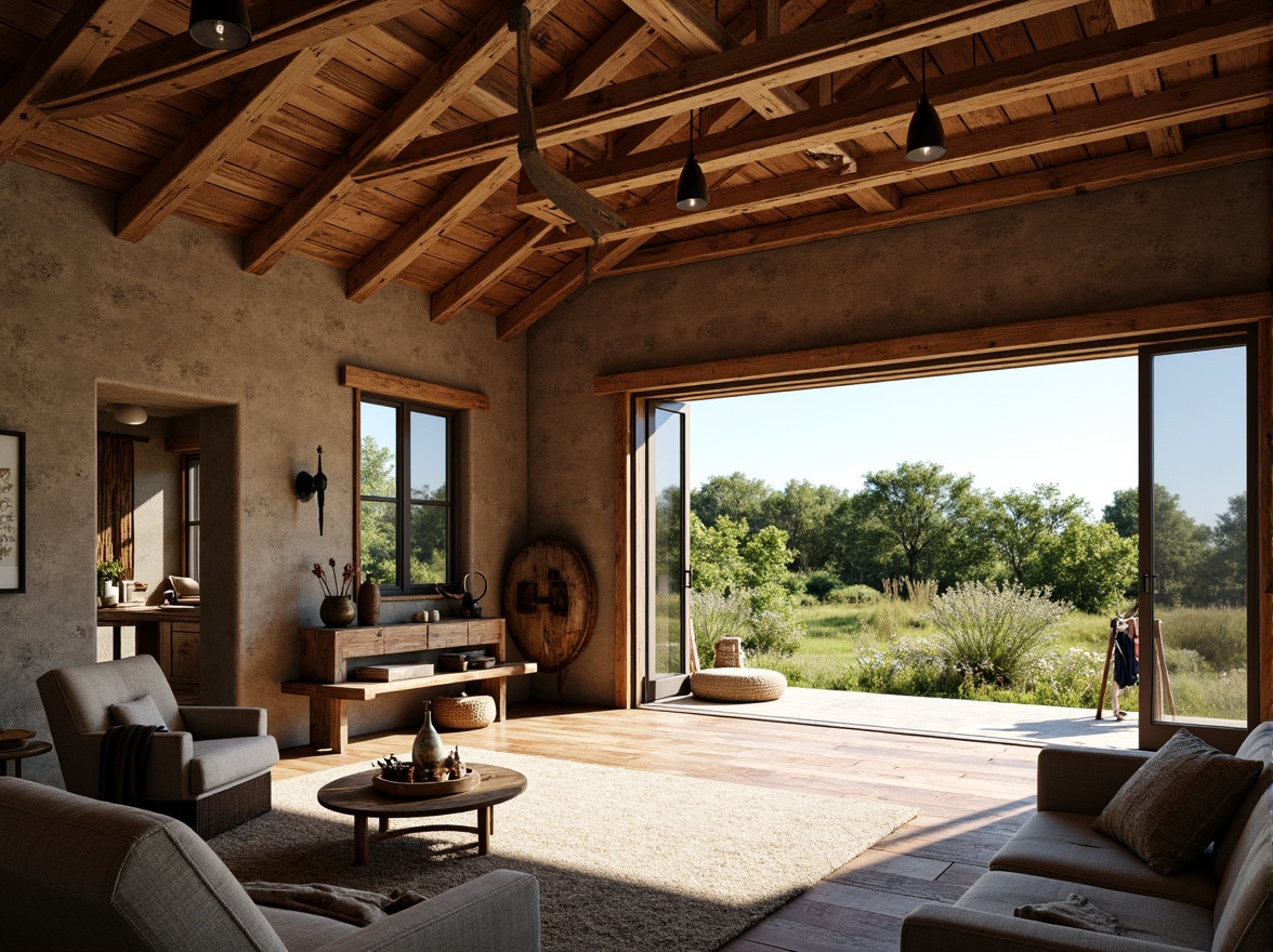 Prompt: Rustic barn, reclaimed wood accents, vintage farm tools, natural stone walls, earthy color palette, exposed wooden beams, large windows, sliding glass doors, lush greenery, wildflowers, sunny day, soft warm lighting, shallow depth of field, 3/4 composition, panoramic view, realistic textures, ambient occlusion, open floor plan, minimal ornamentation, distressed metal decor, woven textiles, natural fabrics, cozy nooks, plush furnishings, rustic-chic atmosphere.