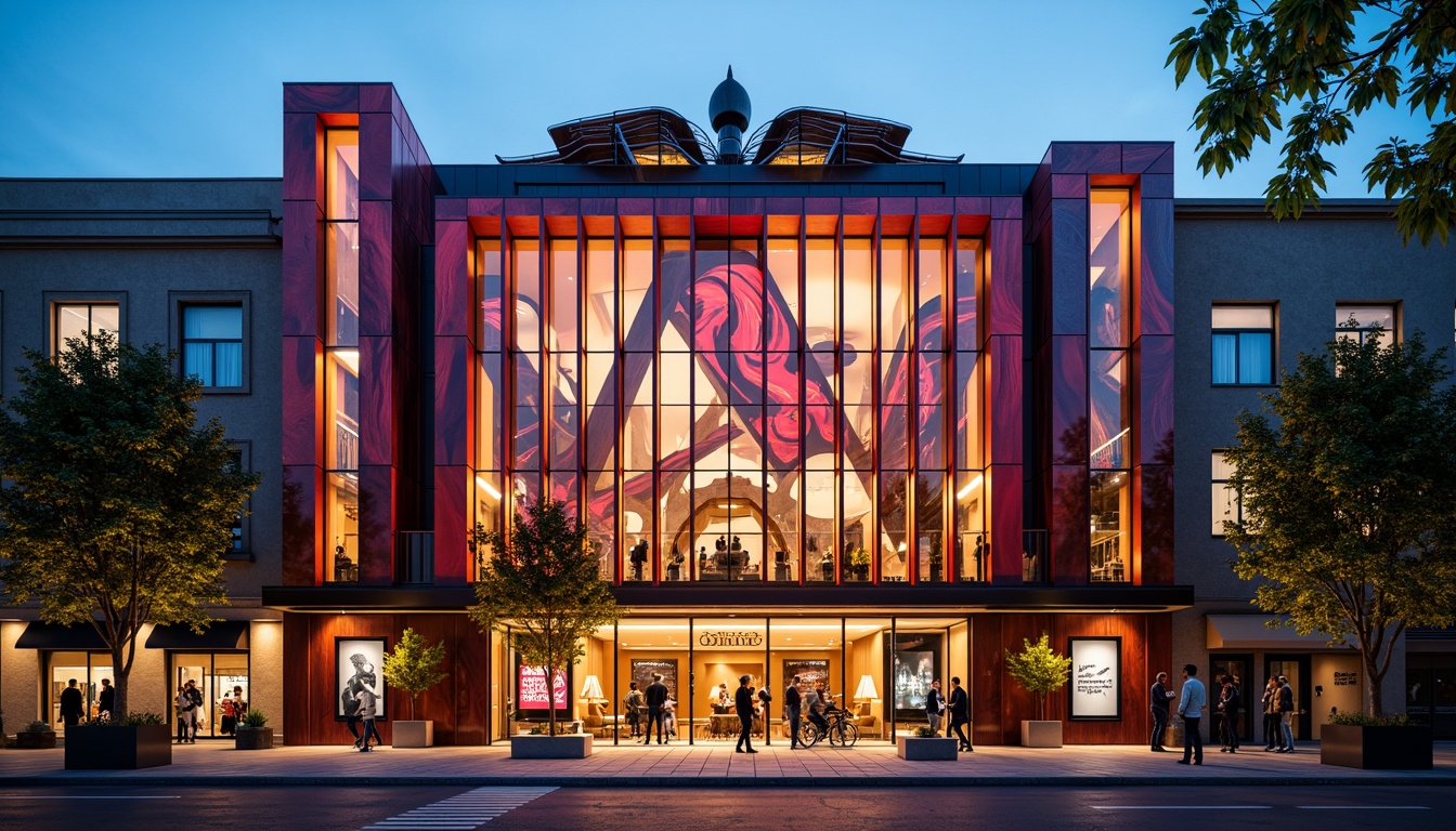 Prompt: Vibrant theater facade, constructivist architecture, geometric shapes, bold colors, abstract patterns, metallic materials, industrial textures, dramatic lighting, urban cityscape, evening atmosphere, warm golden illumination, shallow depth of field, 1/1 composition, symmetrical framing, ornate details, avant-garde design, futuristic elements, dynamic forms, kinetic sculptures, LED light installations, neon signs, artistic murals.