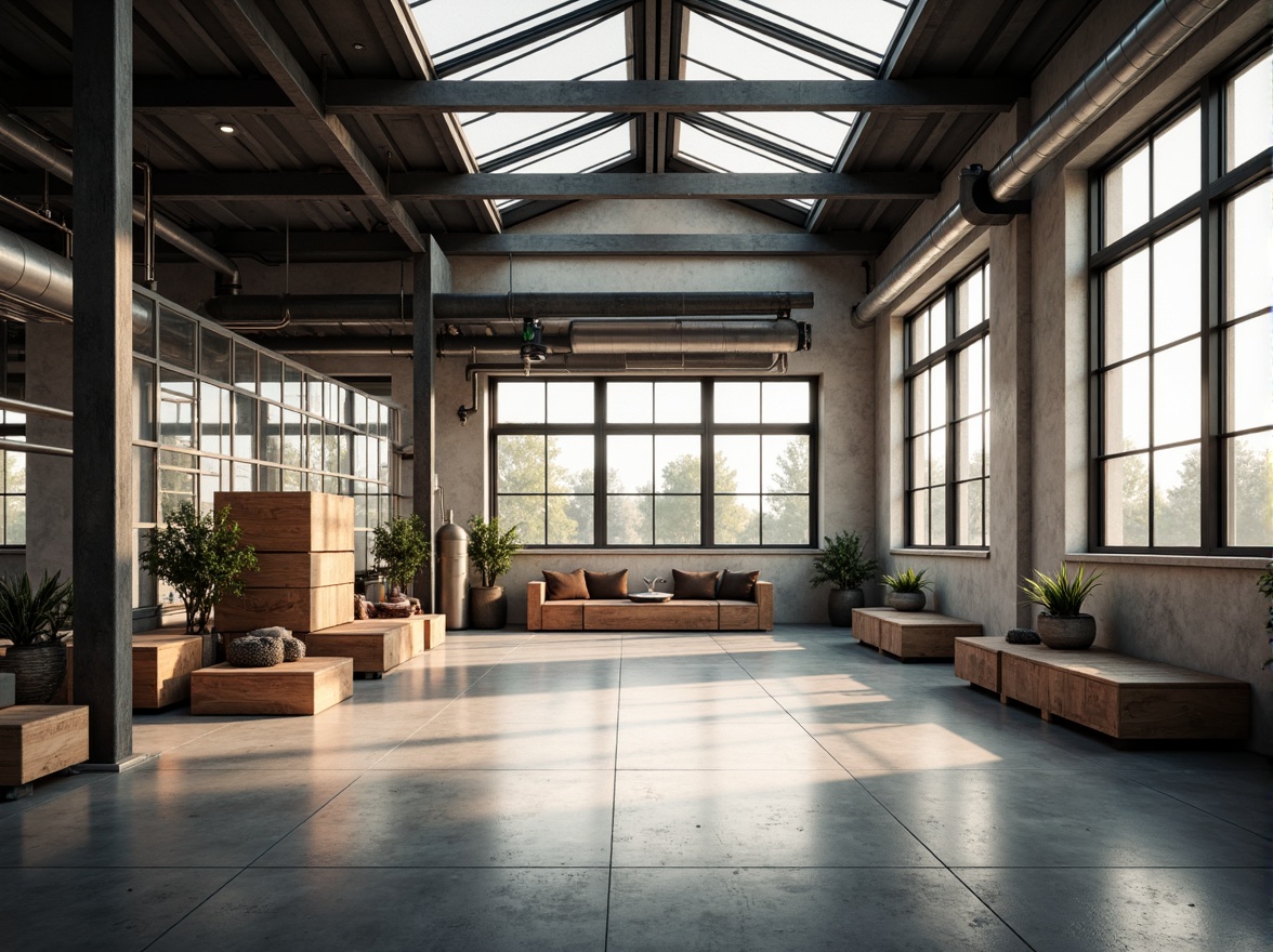 Prompt: Industrial factory setting, minimalist aesthetic, exposed ductwork, polished concrete floors, steel beams, large windows, clerestory windows, skylights, natural light pouring in, soft warm glow, subtle shadows, industrial chic decor, reclaimed wood accents, metal machinery, functional simplicity, open floor plan, high ceilings, airy atmosphere, diffused lighting, 1/1 composition, realistic textures, ambient occlusion.