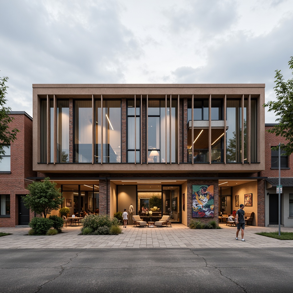 Prompt: Rustic community center, Bauhaus-inspired facade, rectangular forms, clean lines, industrial materials, exposed brick walls, steel beams, large windows, minimalist decor, functional simplicity, earthy color palette, natural textures, communal outdoor spaces, vibrant street art, urban landscape, cloudy sky, soft diffused lighting, 1/1 composition, realistic renderings, ambient occlusion.