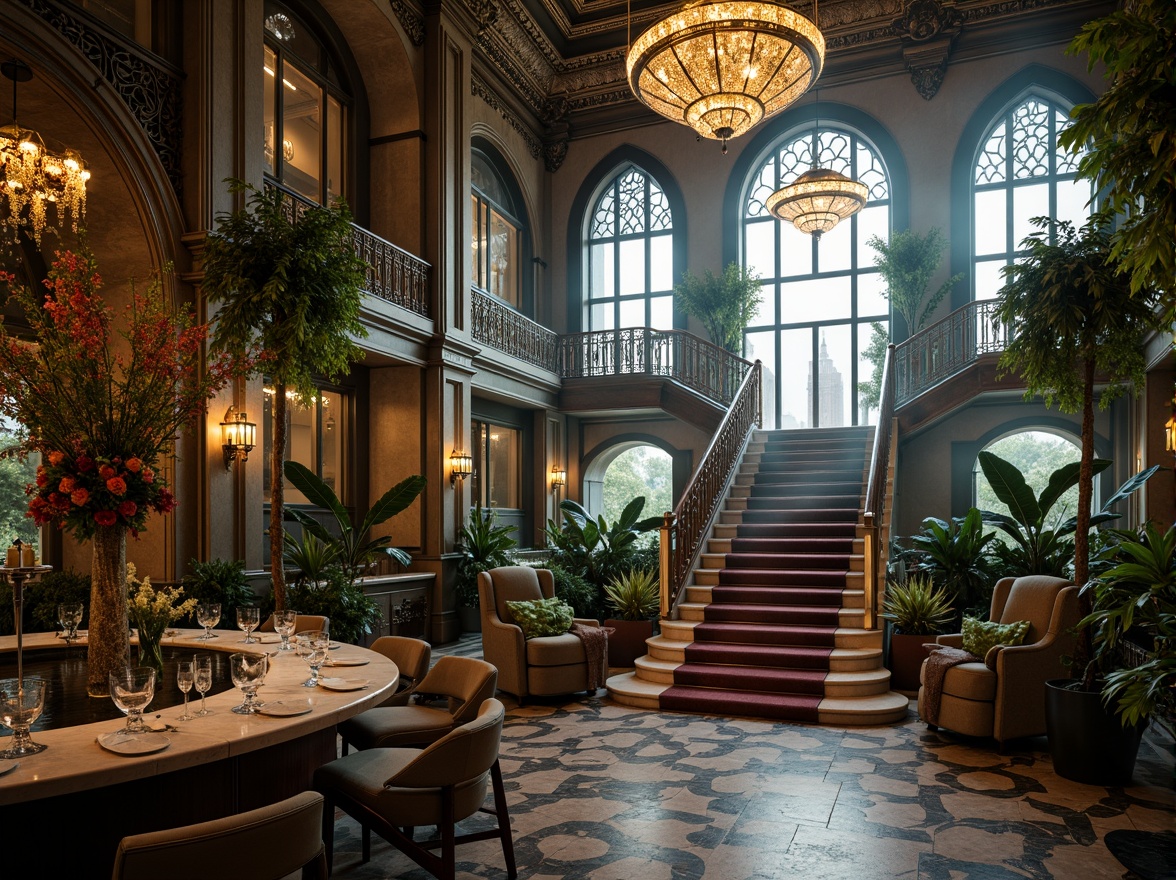 Prompt: Intricate ironwork, lush greenery, ornate chandeliers, grandiose archways, lavish furnishings, velvet drapes, gilded accents, marble countertops, crystal glassware, exotic flowers, tropical plants, misty atmosphere, soft warm lighting, shallow depth of field, 1/1 composition, realistic textures, ambient occlusion, luxurious ambiance, opulent decor, Baroque-inspired patterns, intricate carvings, ornate mirrors, grand staircase.