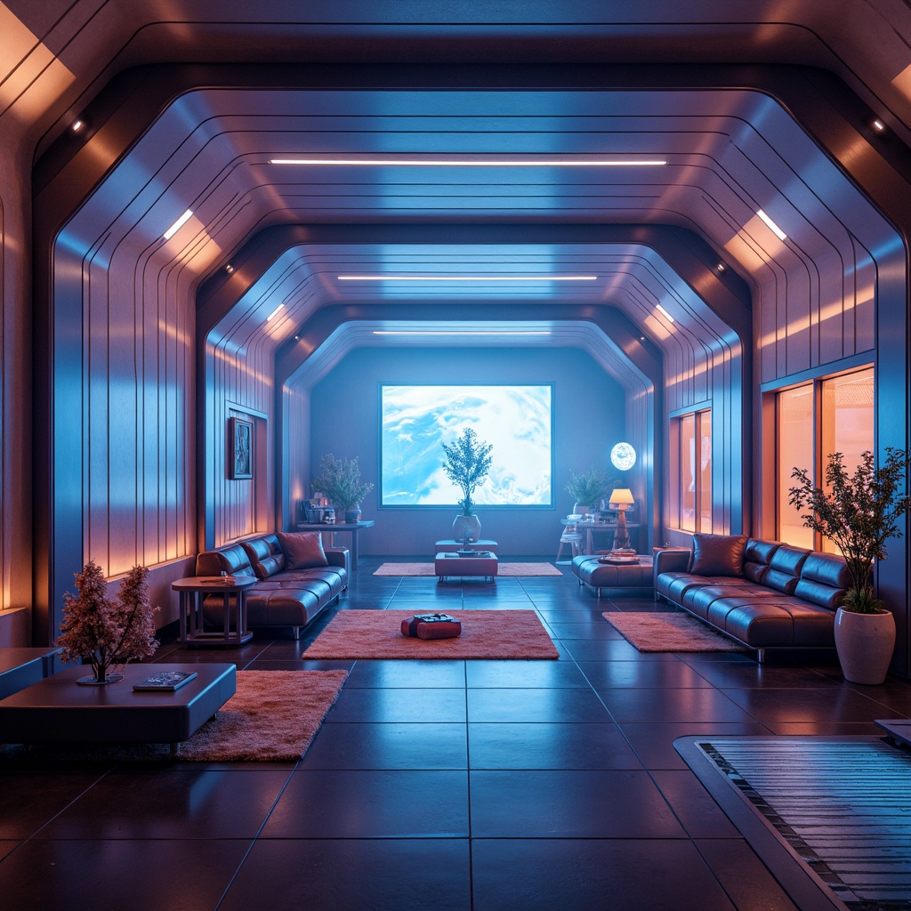 Prompt: Futuristic interior space, sleek metallic walls, neon-lit accents, holographic displays, minimalist furniture, curved lines, geometric patterns, ambient LED lighting, soft glowing orbs, levitating objects, zero-gravity atmosphere, futuristic gadgets, high-tech appliances, virtual reality interfaces, augmented reality experiences, cyberpunk-inspired decor, iridescent color schemes, reflective surfaces, 3D-printed structures, modular design, open-plan layout, panoramic views, shallow depth of field, cinematic composition.