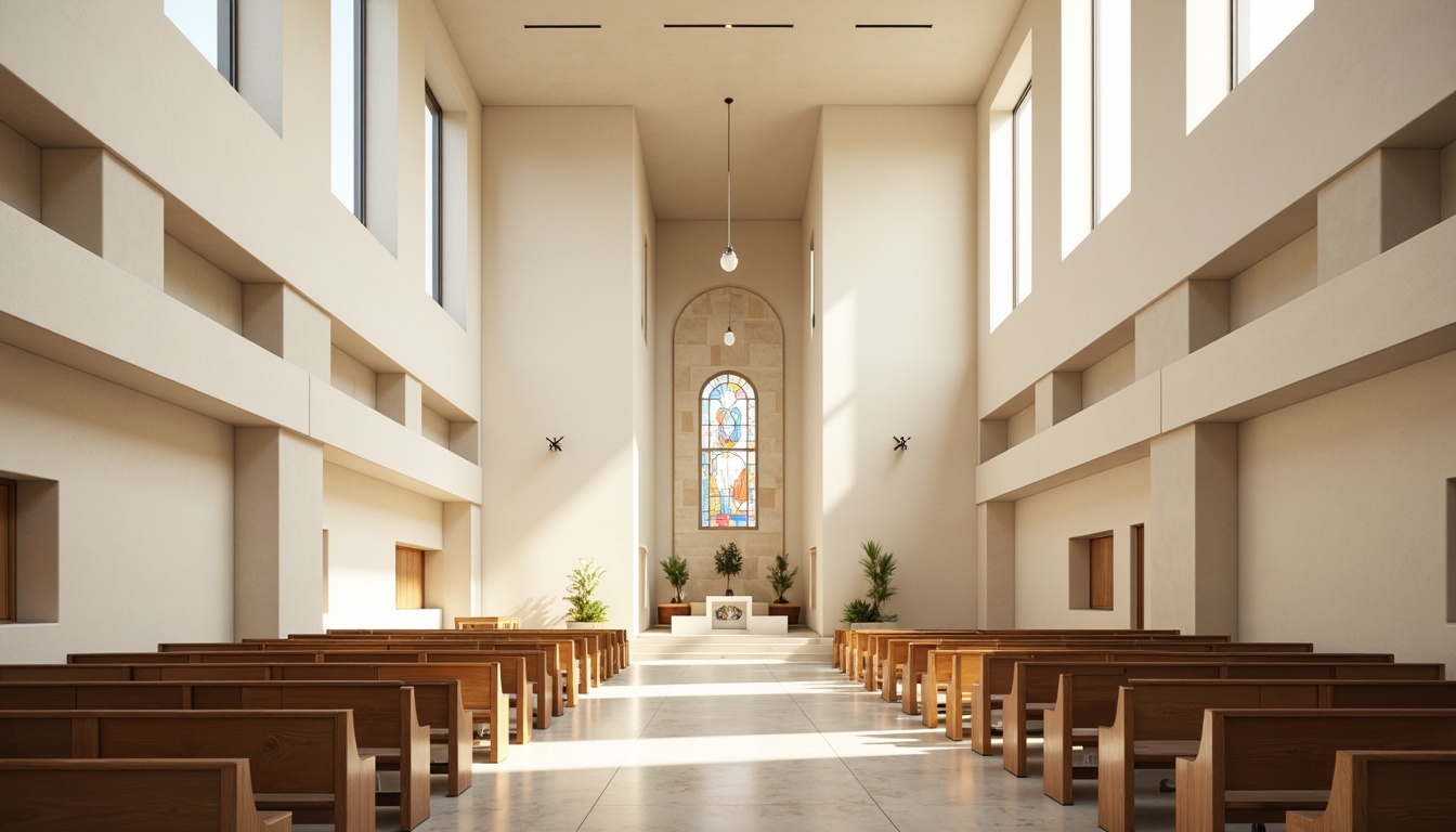 Prompt: Minimalist church interior, high ceilings, clerestory windows, natural light pouring in, subtle shadows, cream-colored walls, polished marble floors, sleek wooden pews, simple altar design, stained glass accents, abstract geometric patterns, warm beige tones, soft diffused lighting, 1/1 composition, realistic textures, ambient occlusion.