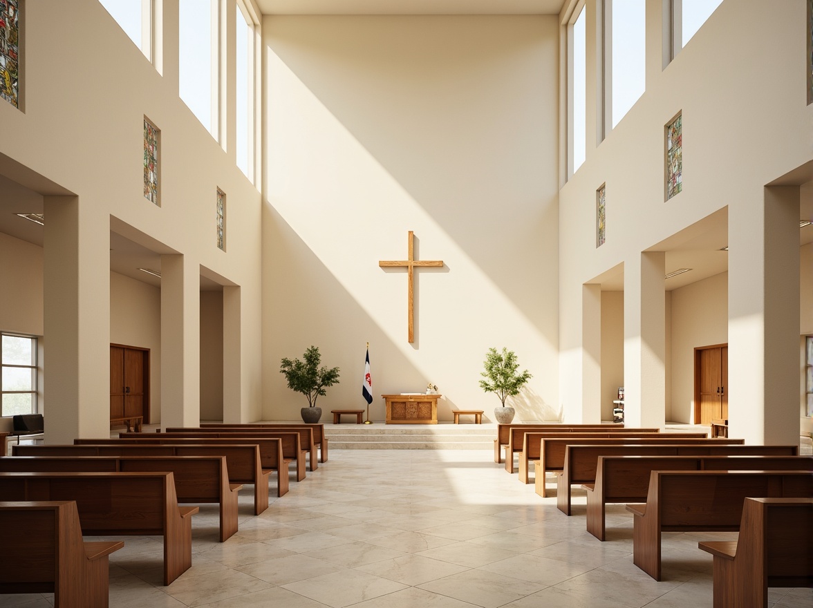 Prompt: Minimalist church interior, high ceilings, clerestory windows, natural light pouring in, subtle shadows, cream-colored walls, polished marble floors, sleek wooden pews, simple altar design, stained glass accents, abstract geometric patterns, warm beige tones, soft diffused lighting, 1/1 composition, realistic textures, ambient occlusion.